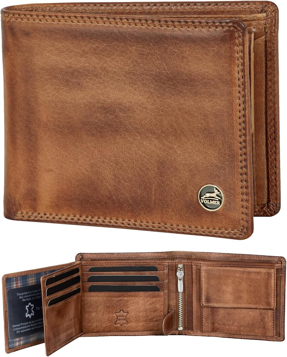 Fa.Volmer Portefeuille en cuir pour homme avec protection RFID - couture double extra-résistante, schlanke Brieftasche, Classique