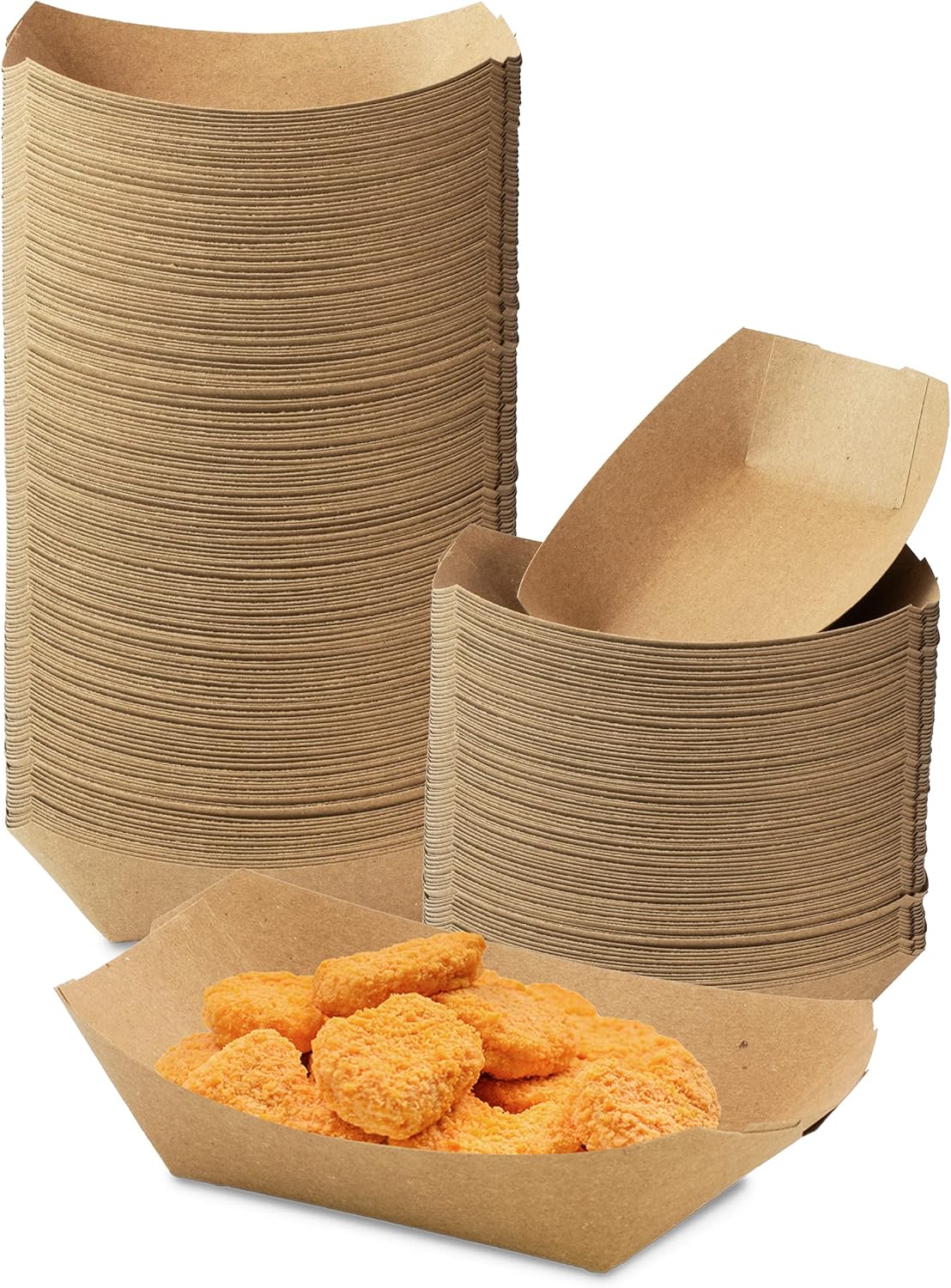 [250 Pack] 0.50 lb Heavy Duty Disposable Kraft Brown Paper Food Trays Grease Resistant Fast Food Paperboard Boat Basket for Parties Fairs Picnics Carnivals, Holds Tacos Nachos Fries Hot Corn Dogs
