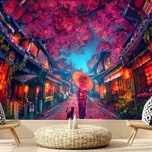 Miniatura 1 de FENDROM Tapiz de anime japonés antiguo japonés nocturno urbano paisaje, farol rojo de flor de cerezo para colgar en la pared para sala de estar,
