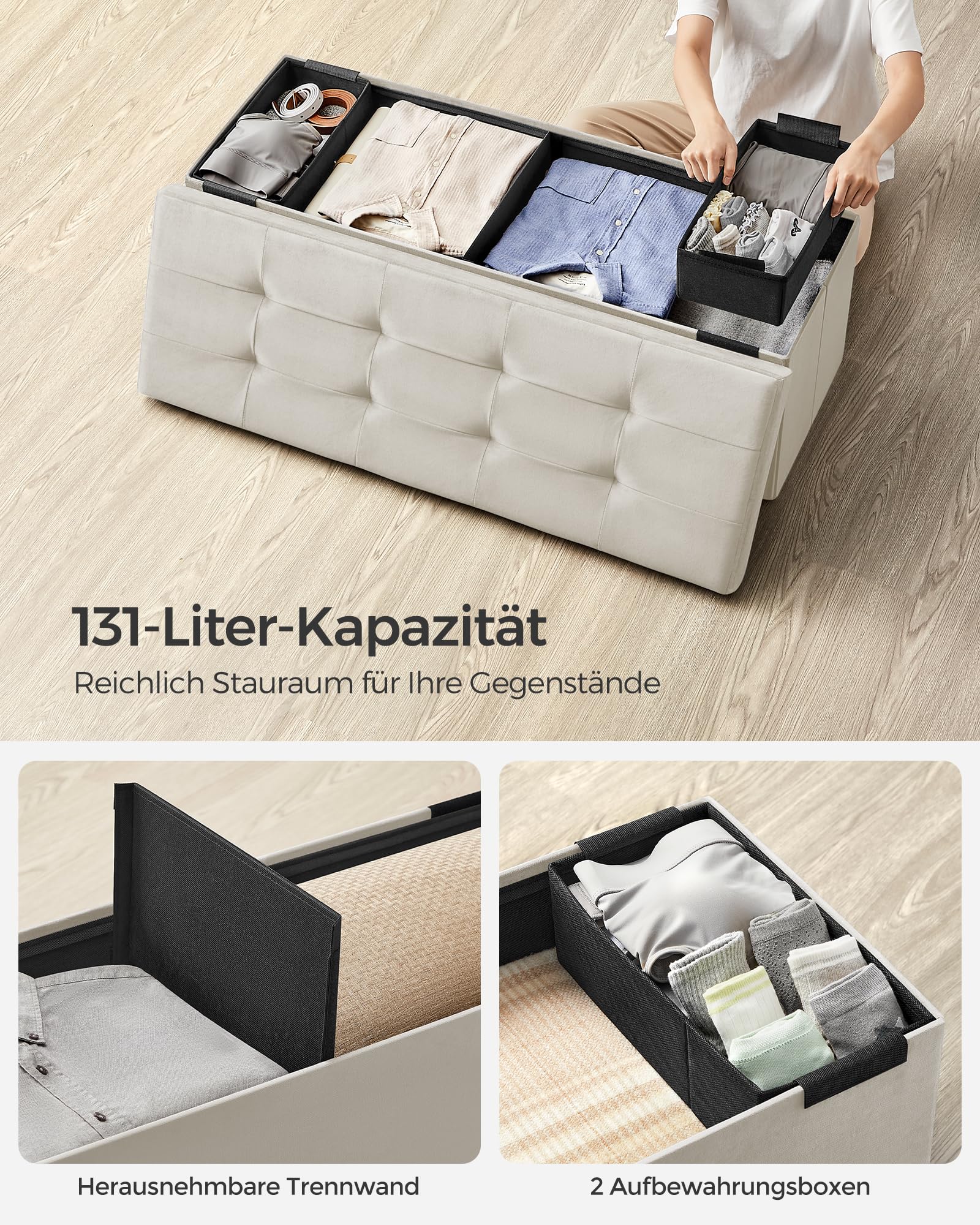 SONGMICS Sitzhocker mit Stauraum, klappbare Sitzbank, 38 x 110 x 38 cm Fußbank, Aufbewahrungsbox, bis 300 kg belastbar, für Wohnzimmer Schlafzimmer Flur, cremeweiß LSF277W01