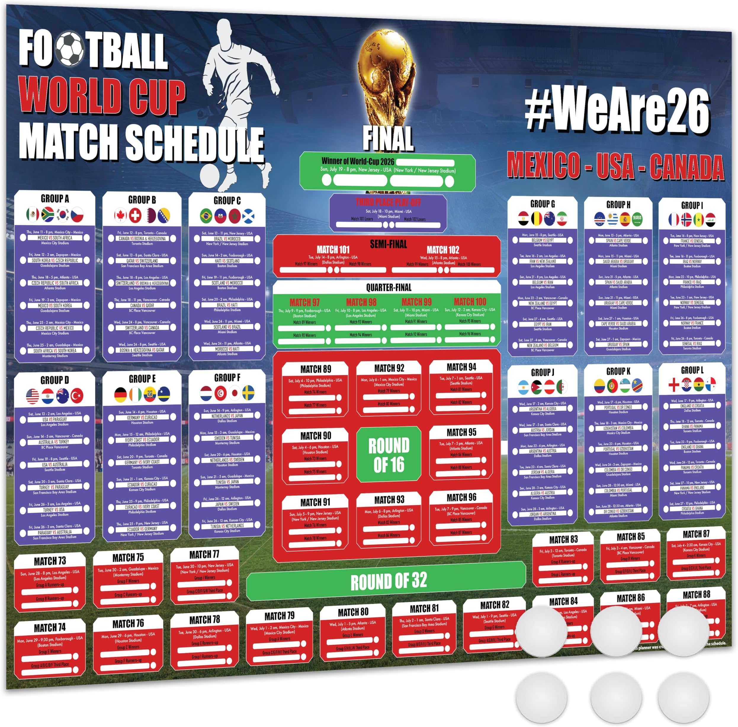 Official Football World Cup 2026 Wall Chart Schedule – A1 Poster (84 x 59 cm) – 48 Team Fixtures, Dates, Stadiums & UK Time (BST) – 250gsm Uncoated Paper. (DESIGN B)