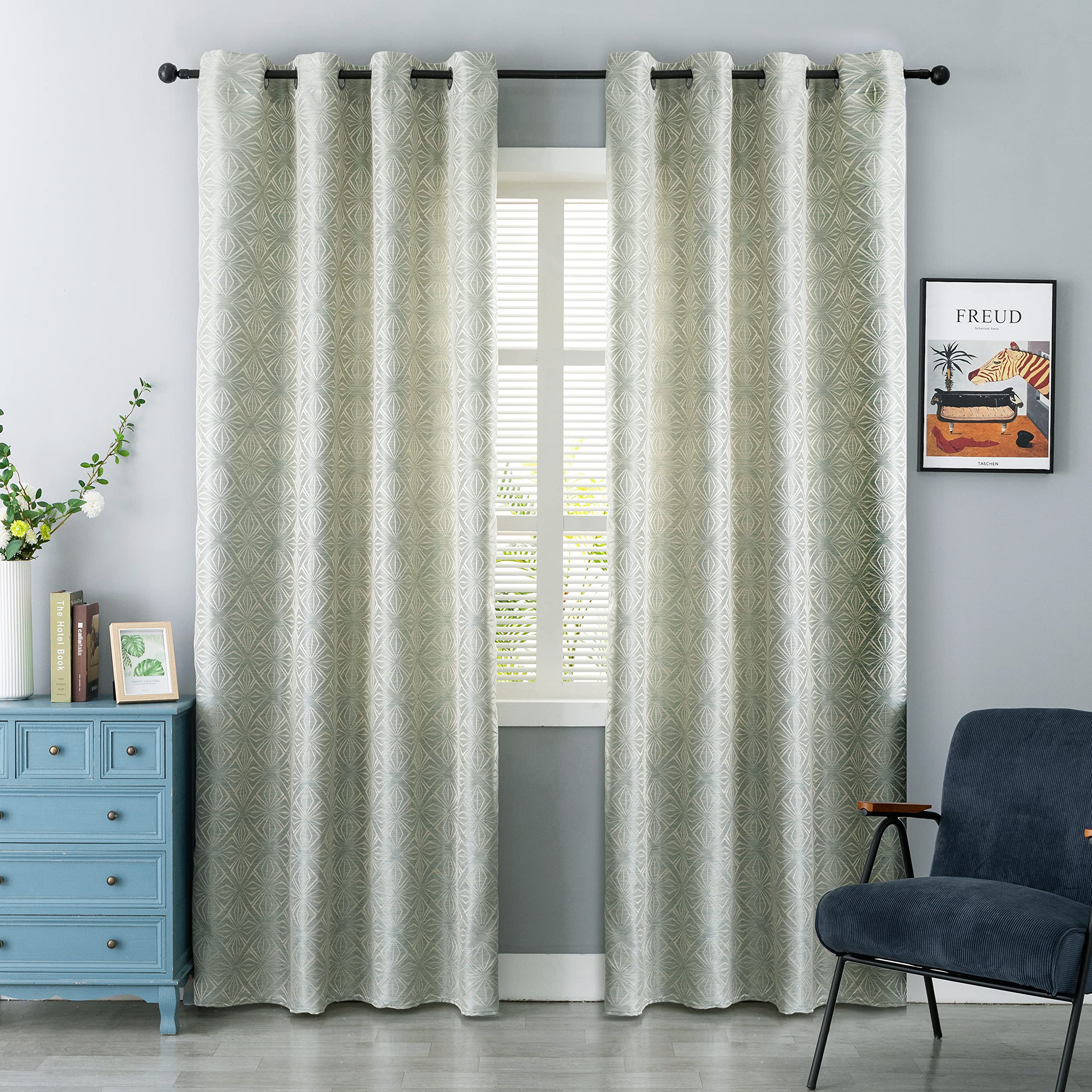 GIRASOLE HOME Par de cortinas jacquard semiopacas con estampado de rombos, cortina filtrante para salón, habitación e interiores, 2 paneles con ojales (140 x 235 cm, verde)