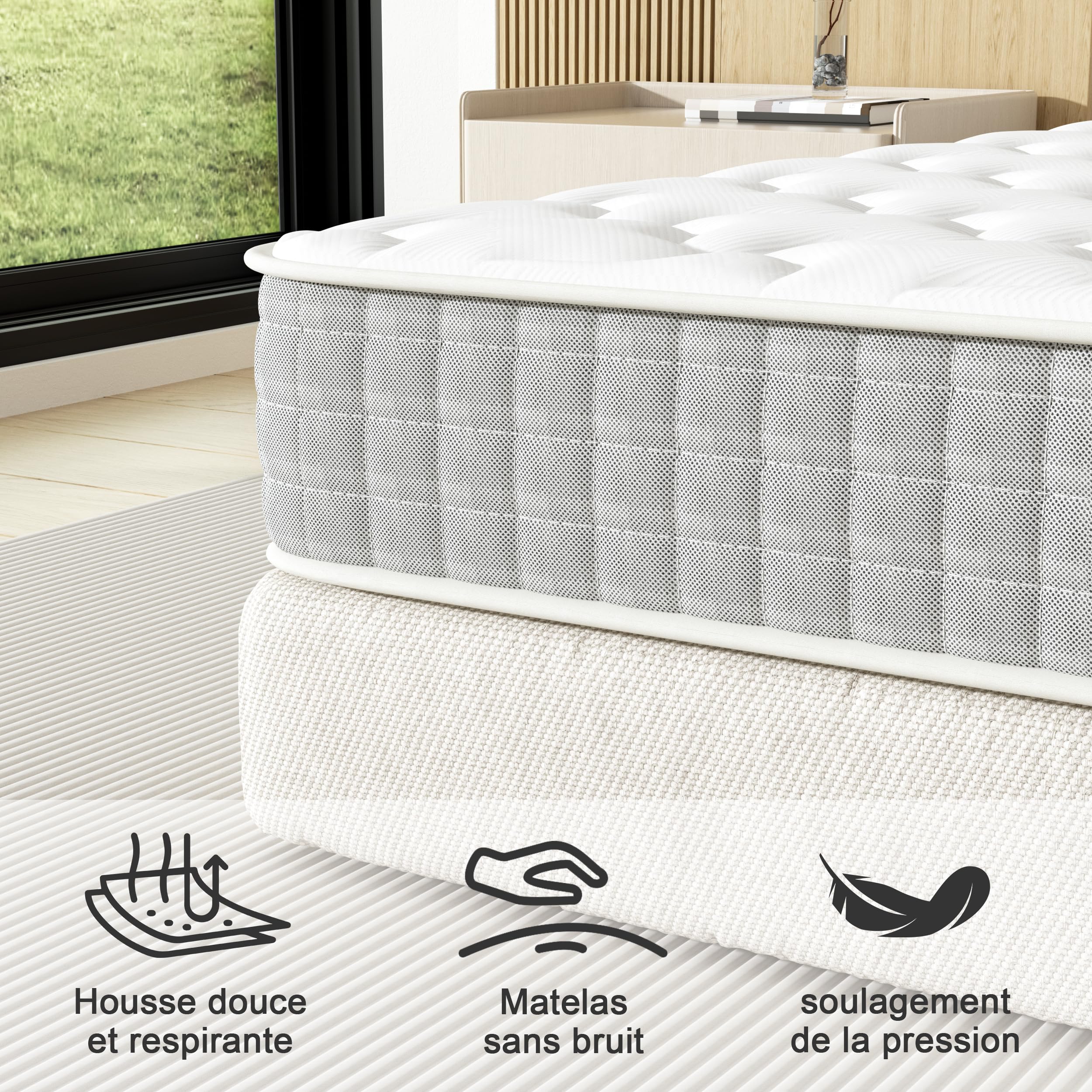 DEWINNER Ensemble Sommier et Matelas 120x190 cm, Lit Une Personne Complet avec Sommier Tapissier et Matelas Ressorts Ensachés 120x190x20, Confort, Respirant (Matelas 120x190x20+Sommier) Beige