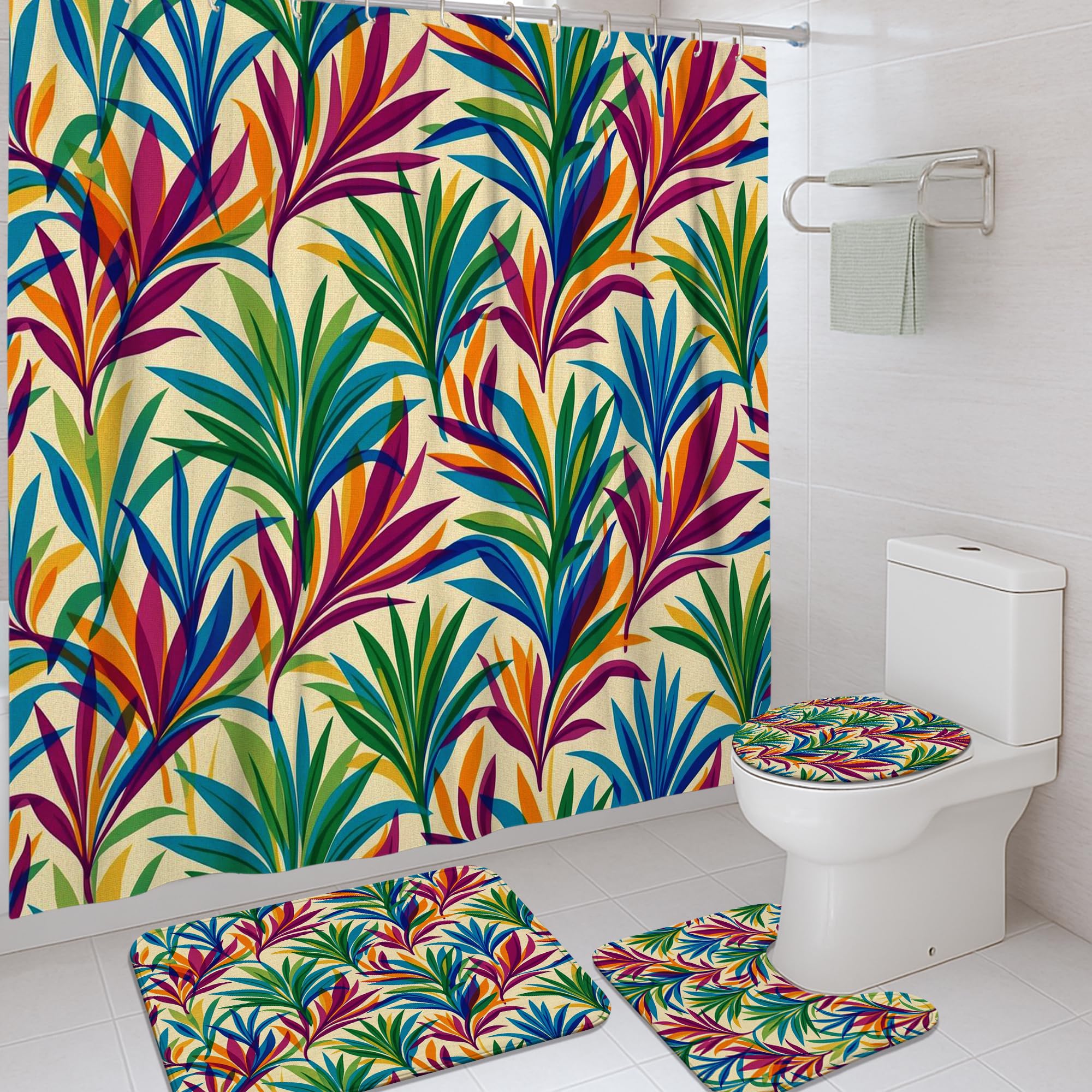 Rideau de douche lavable vert tropical ensemble complet étanche avec tapis de bain et crochets
