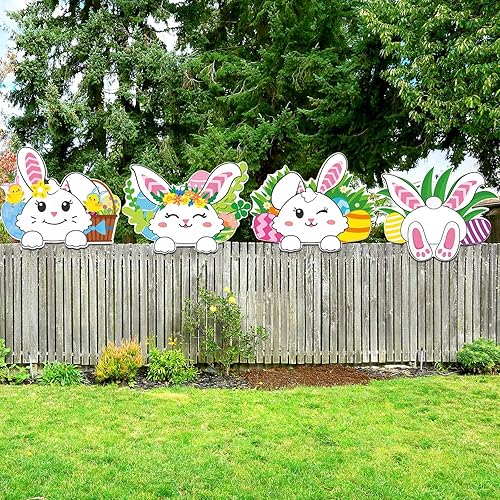 Chunful 4 Pieces Easter Yard Signs Decorations Easter Fence Peeker