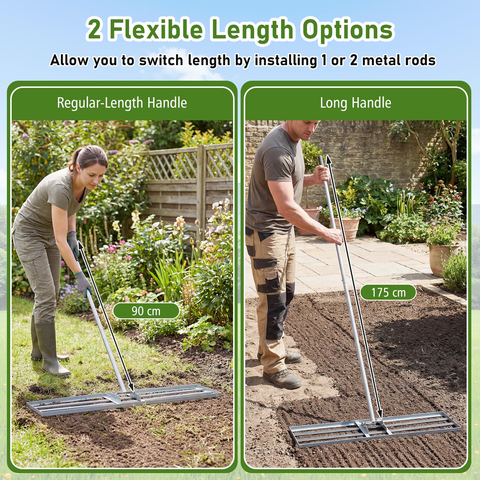 Rastrello livellatore per prato, livellatore per prato in metallo resistente con manico regolabile, strumento per livellare il terreno senza fatica per giardino, prato, campo da golf (verde, 91 x 2