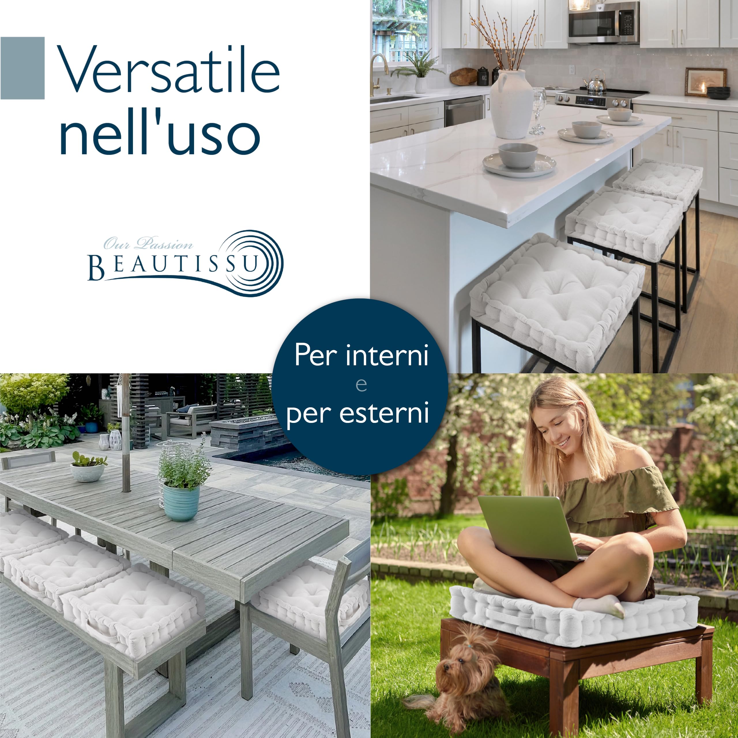 Beautissu Set di 4 cuscini da pavimento in cotone per sedia da interno | 40x40cm naturale materasso spesso 8cm 100% con maniglia da esterno Cuscino seduta Mila
