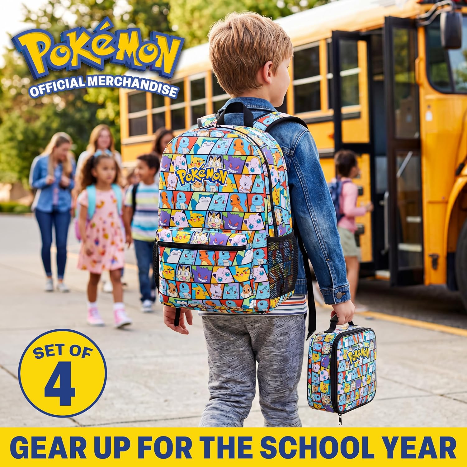 Get Trend Pokemon Boys Backpack 4 Piece Set | 18 In Bookbag with Insulated Lunch Bag, Zipped Pencil Case & BPA-Free Water Bottle, Adjustable Padded Straps, Gifts for Boys
