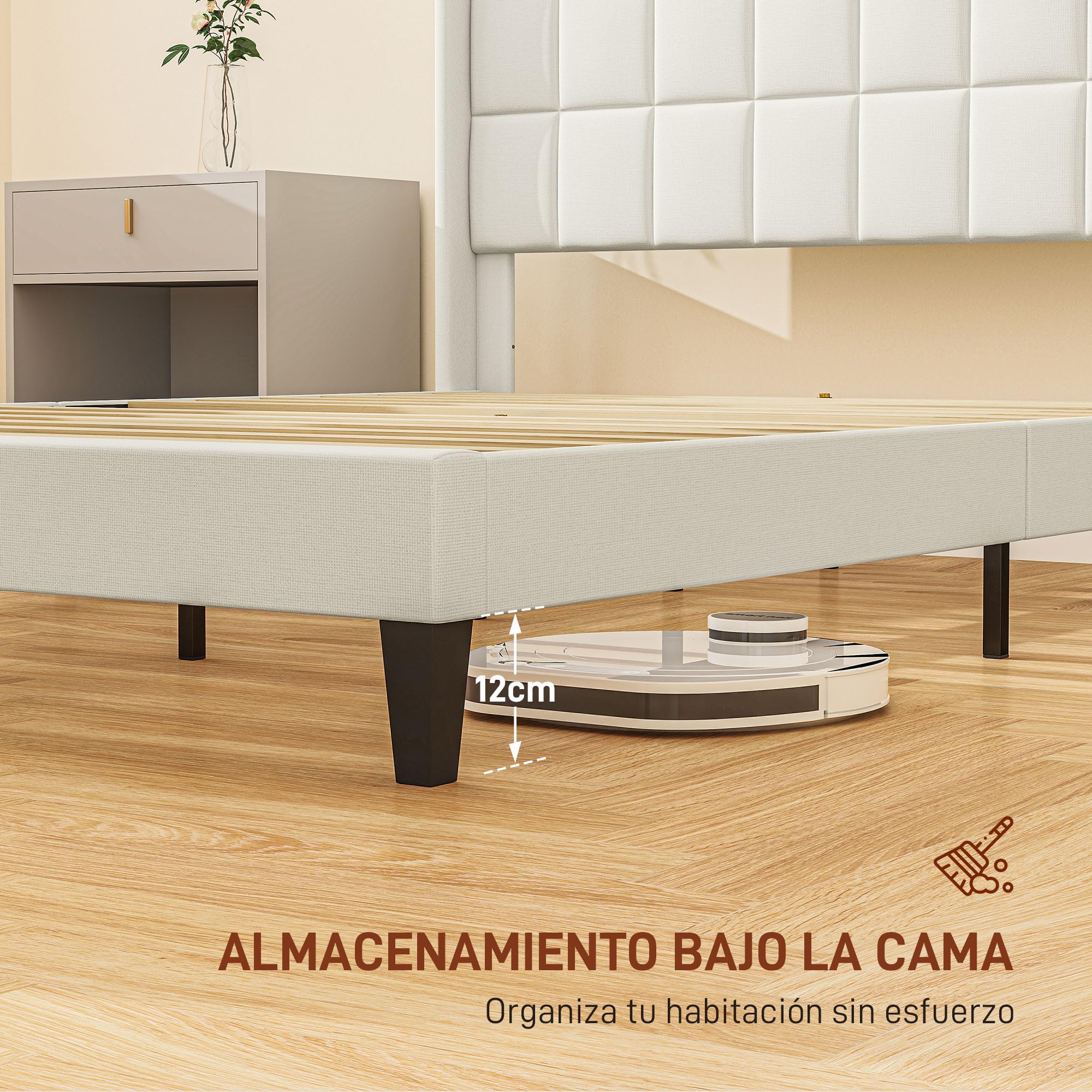 HOMCOM Cama 135x190 cm Estructura de Cama Somier con Cabecera Tapizada de Lino Sintético y Espacio de Almacenamiento Debajo de la Cama Carga 300 kg Beige
