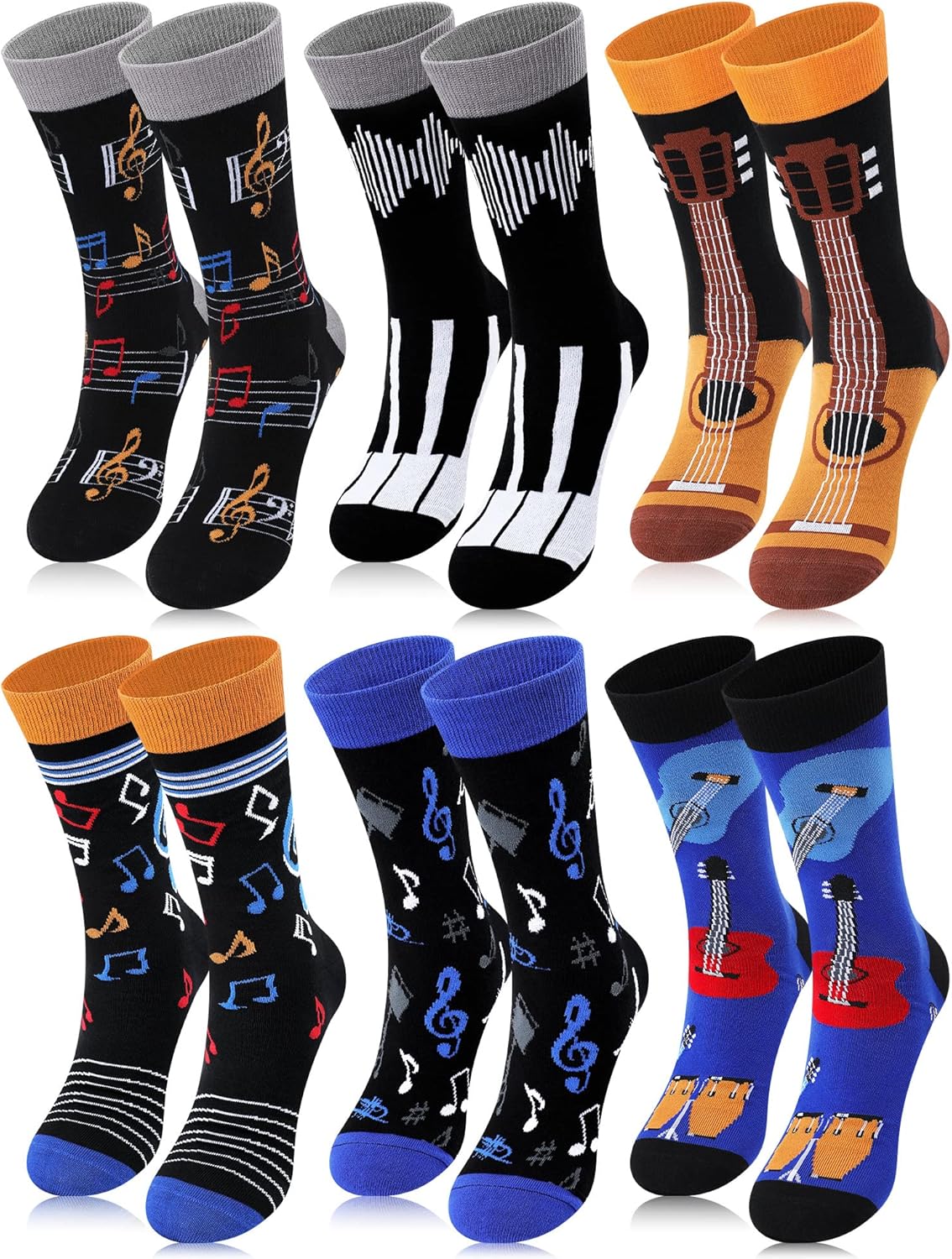 Berlune 6 Pairs Music Gifts for Men Funny Socks Music Lovers Gifts Novelty Musical Rocker Piano Notes Guitar Socks Fun Epic The Musical Merch Valentine's Day Presents for Him