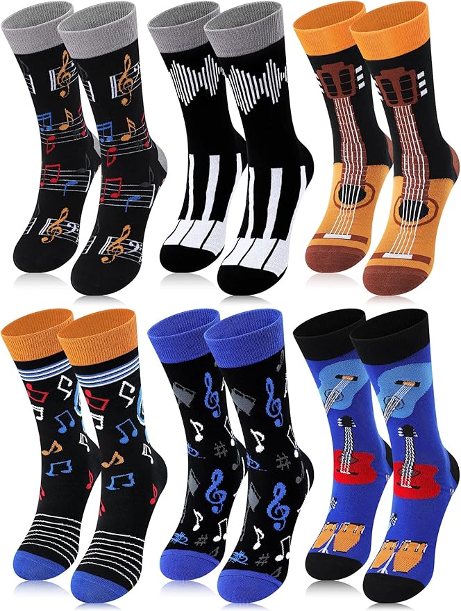 6 Pairs Music Socks Gifts for Men Fun Music Themed Socks Novelty Rocker Piano Notes
