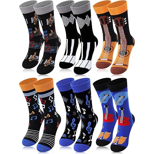 Berlune 6 Pairs Music Gifts for Men Novelty Socks Music Lovers Gifts Fun Epic The Musical Merch Rocker Piano Notes Guitar Socks for Christmas Birthday Party Favors