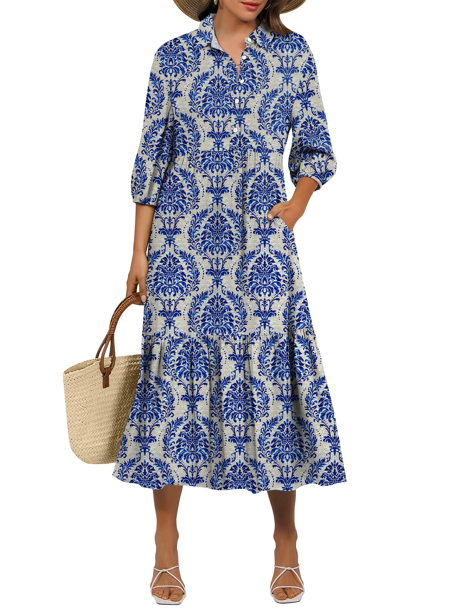 ANRABESS Women 3/4 Puff Sleeve Polo Neck Floral Maxi Dress