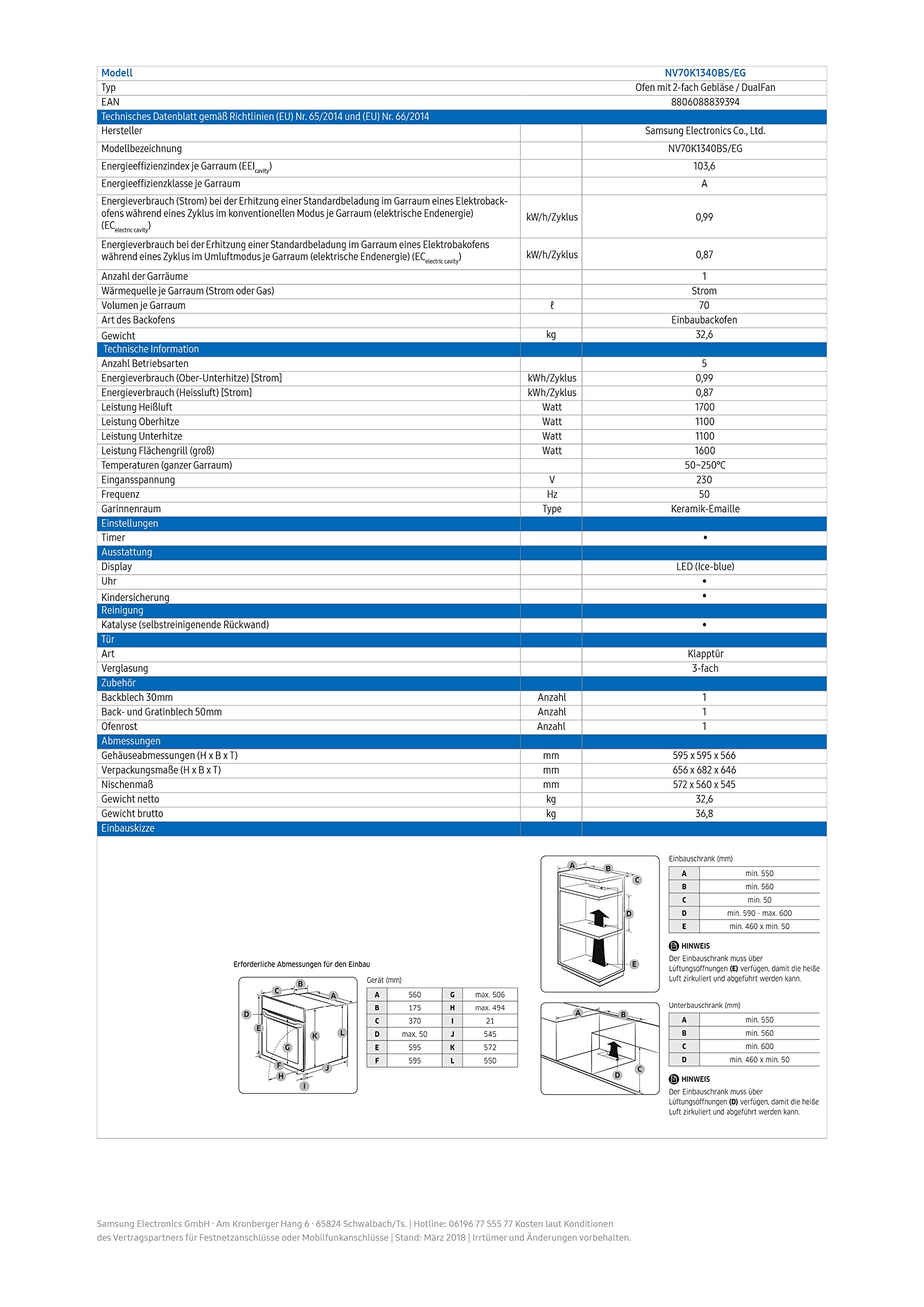 Samsung Dual Fan NV70K1340BS/EG Oven (Electric/Builtin)/56.6 cm