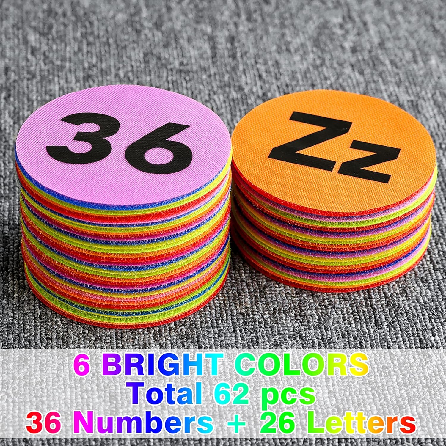 Carpet Markers 62 Pcs - 36 Pcs Multicolor Numbers (1-36) Spot Markers + 26 Pcs Letters (A-Z) Carpet Dots for Classroom, Carpet Spots Circles Dots for Kids, Teachers, Preschool and Kindergarten : Office Products