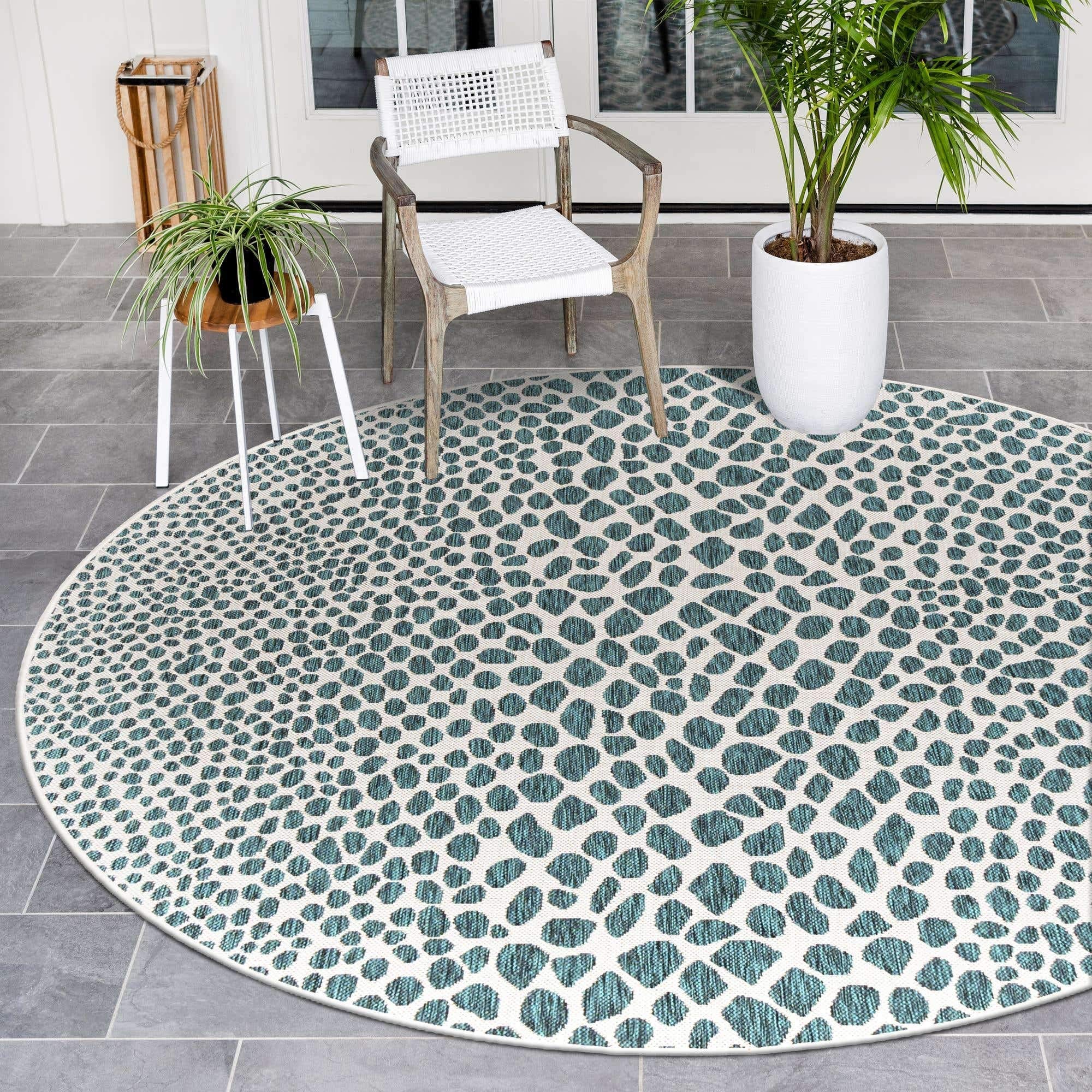 Unique Loom Outdoor Collection Area Rug - Cape Town (6' 7" Round, Teal/ Ivory)