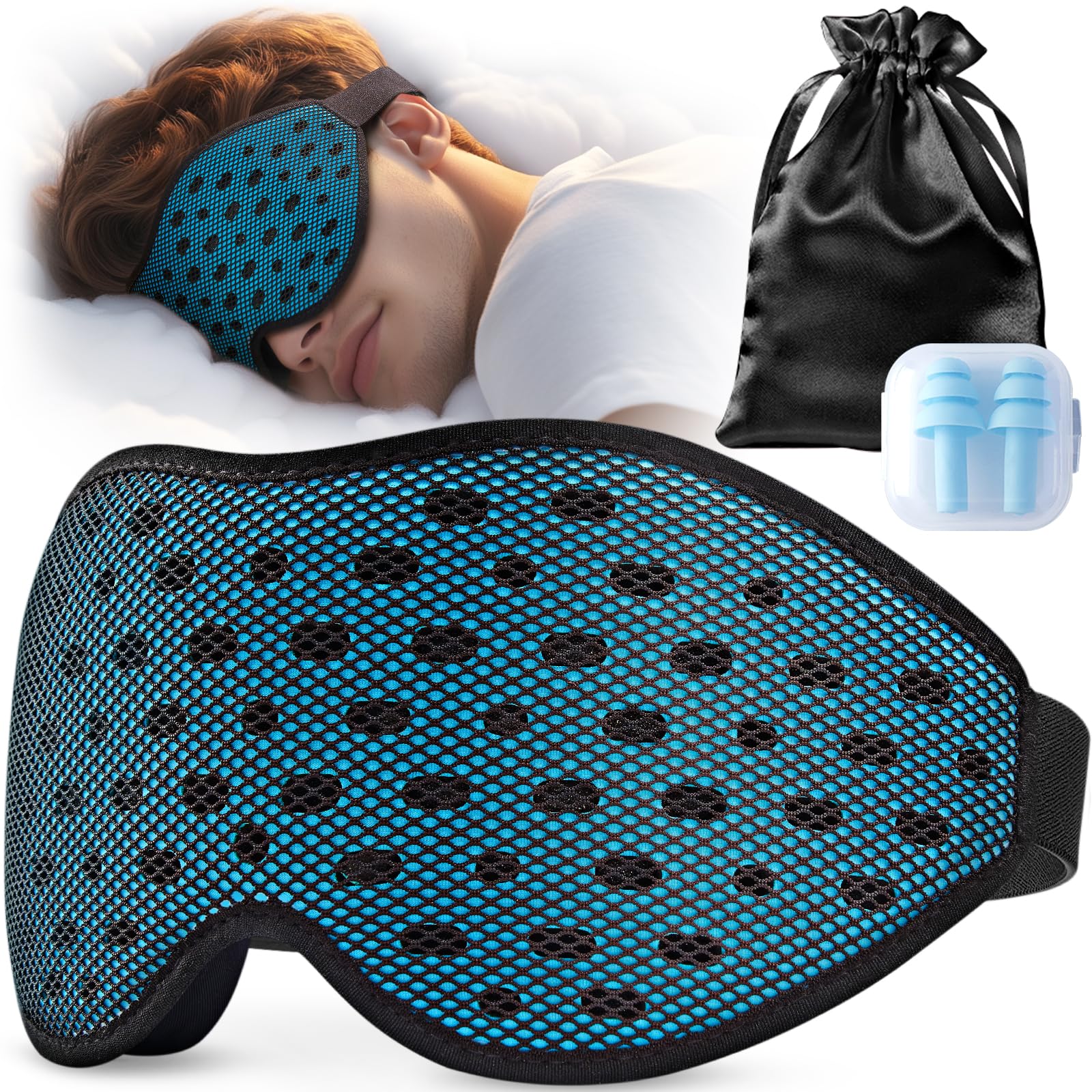 Umisleep Antifaz 3D transpirable para dormir de lado, cómodo y ligero, con bolsa de almacenamiento y Ohropax para avión, viaje, oficina, azul