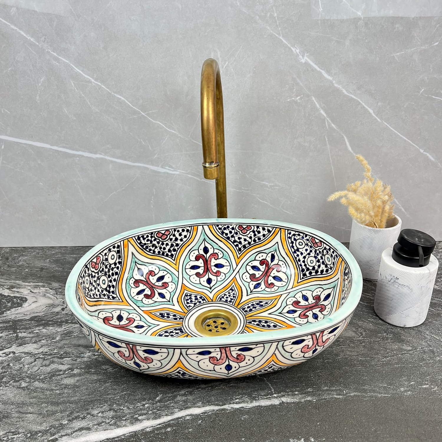 Handmade Moroccan Ceramic Vessel Sink - Multicolor Colorful Oval Basin - Hand-Painted Eclectic Boho Bathroom Vanity Washbowl (43x30cm = 17x12in)