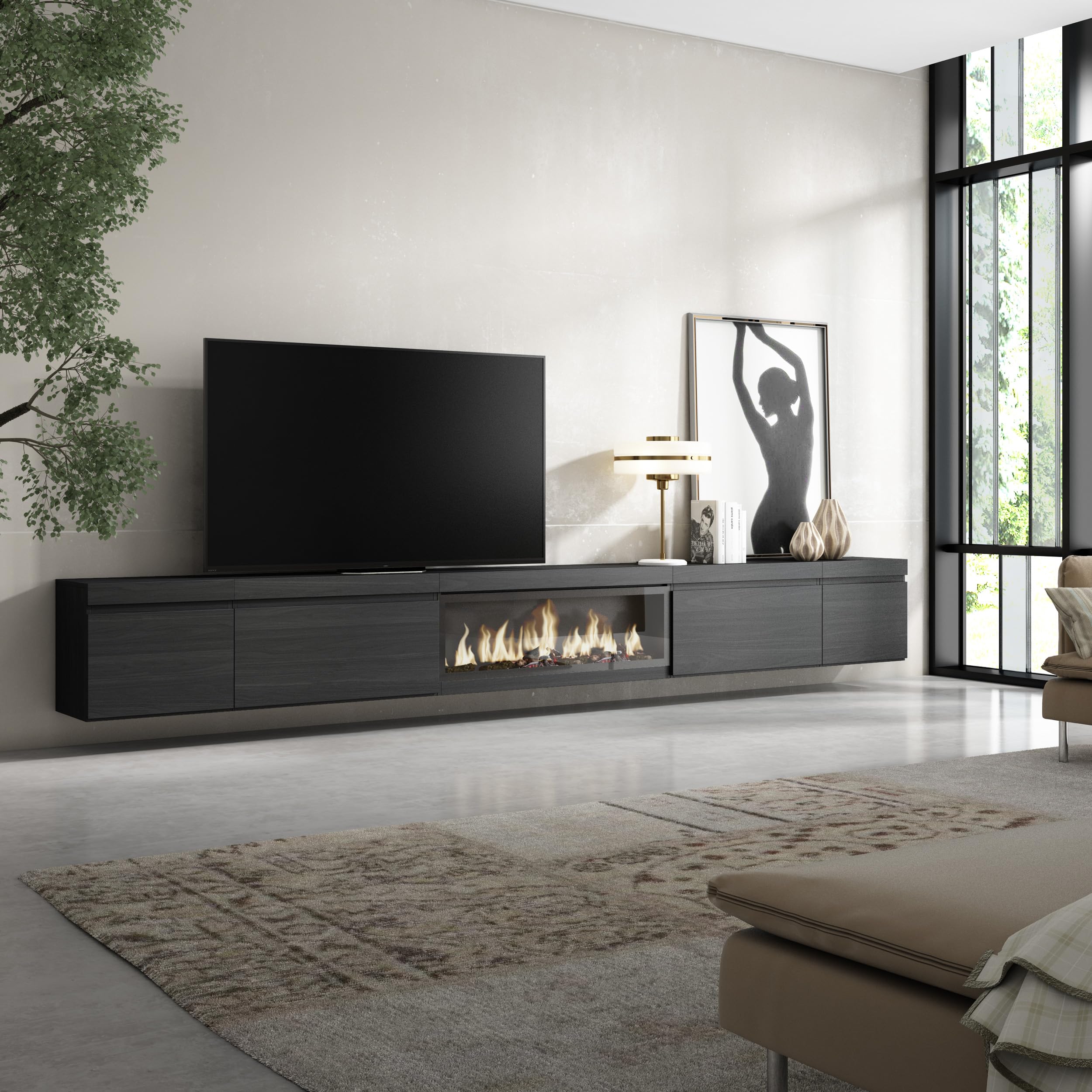 Skraut Home | Mobile TV Soggiorno | Ampio spazio a disposizione | 368x45x35 | Camino elettrico XXL | Sospeso, da appendere | Stile moderno | Nero