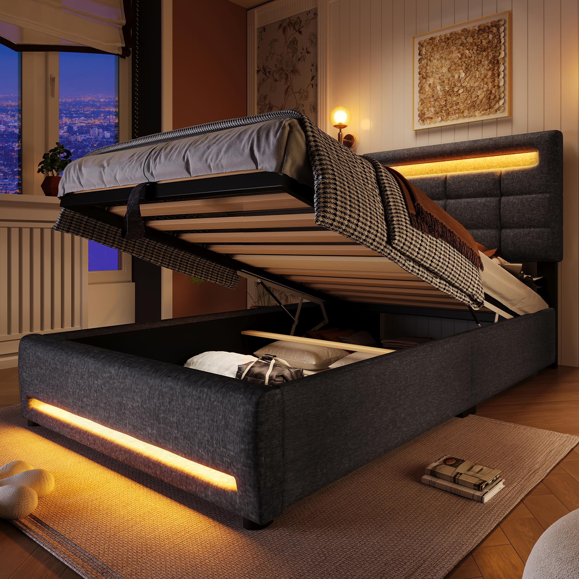 Letto Singolo con Contenitore 90x200 cm con LED e USB, Letto imbottito con Testiera e vano portaoggetti, Letto Contenitore con rete a doghe, Struttura Letto Singolo lino grigio