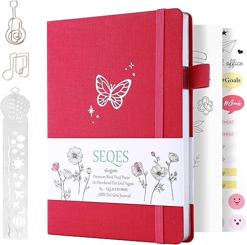 SeQeS Diario de puntos con viñetas  Cuaderno de cuadrícula de puntos A5 con número de páginas, papel a prueba de sangrado, borde plateado y piel