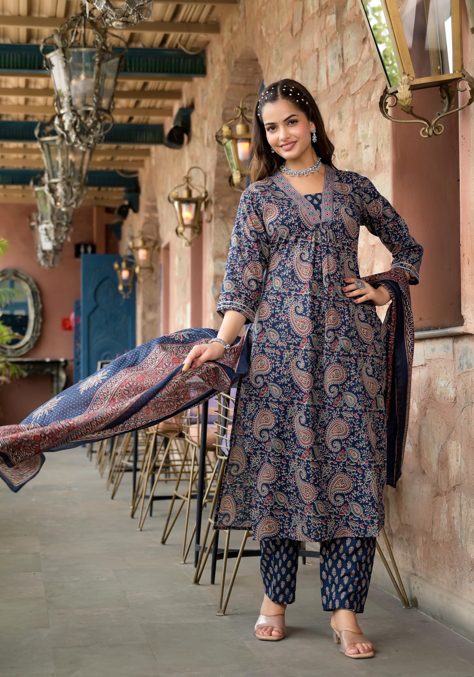 KLOSIA Viscose Women Printed Kurta Set And Pant With Dupatta (Medium) Blue 2