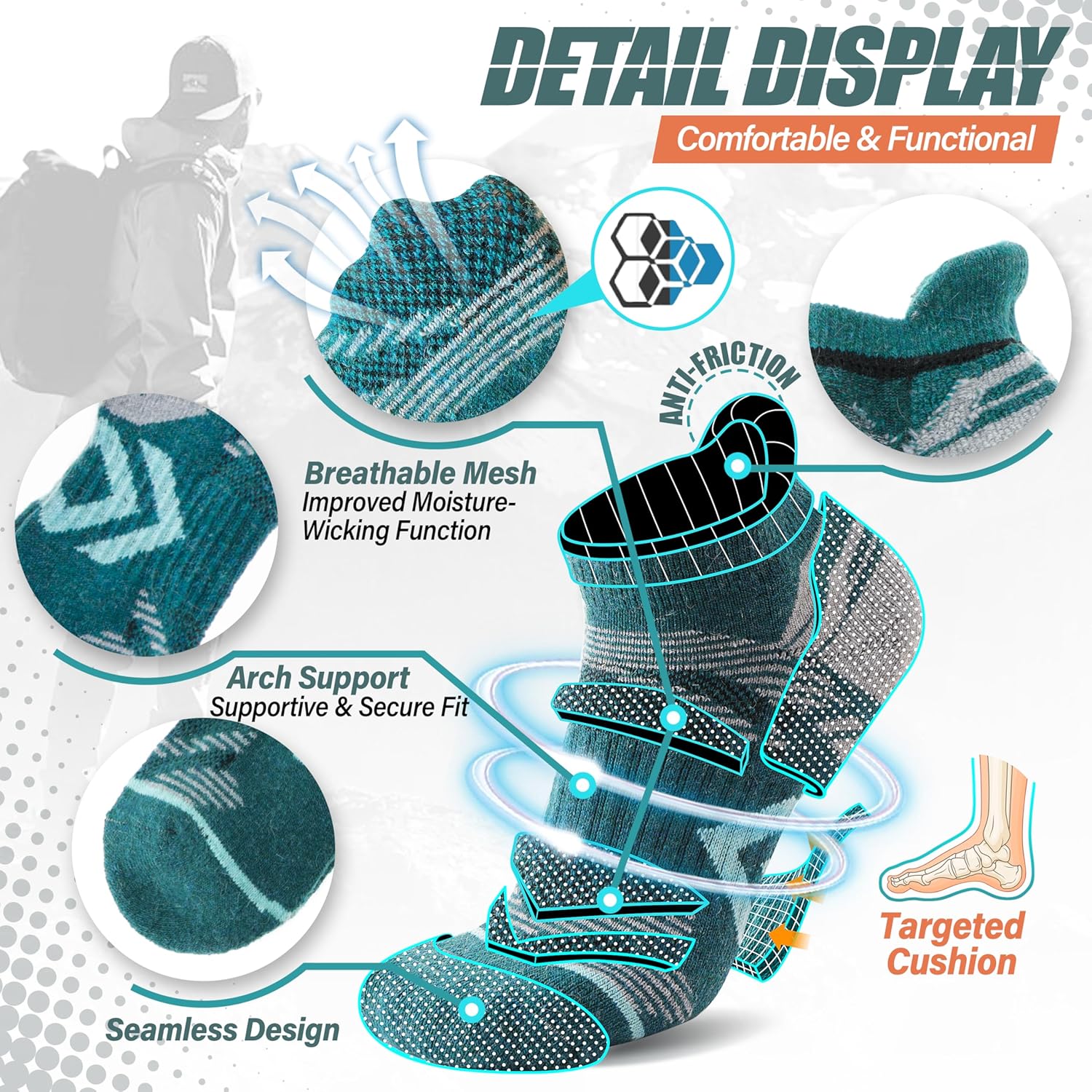 ANTSANG 6 Pairs Merino Wool Ankle Hiking Running Socks Compression Thick Cushion Breathable No Show Socks for Men Women - Image 4