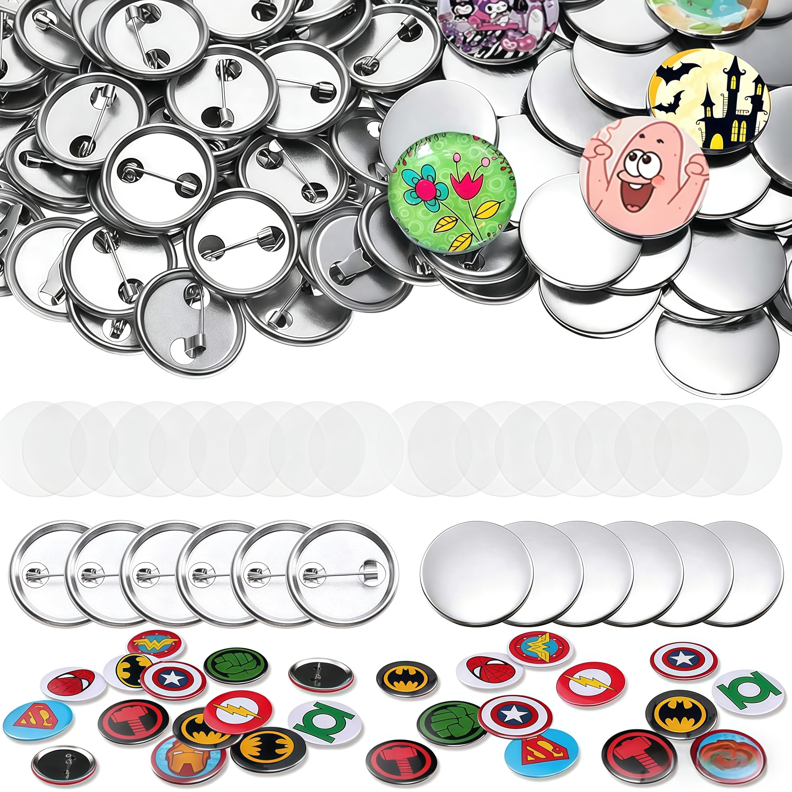 100 Sets Button Maker Supplies, 25mm/1inch Button Supplies, with Metal Needle Back Cover, Metal Cover and Transparent Film, Suitable for Button Making Machine and Pin Maker Press