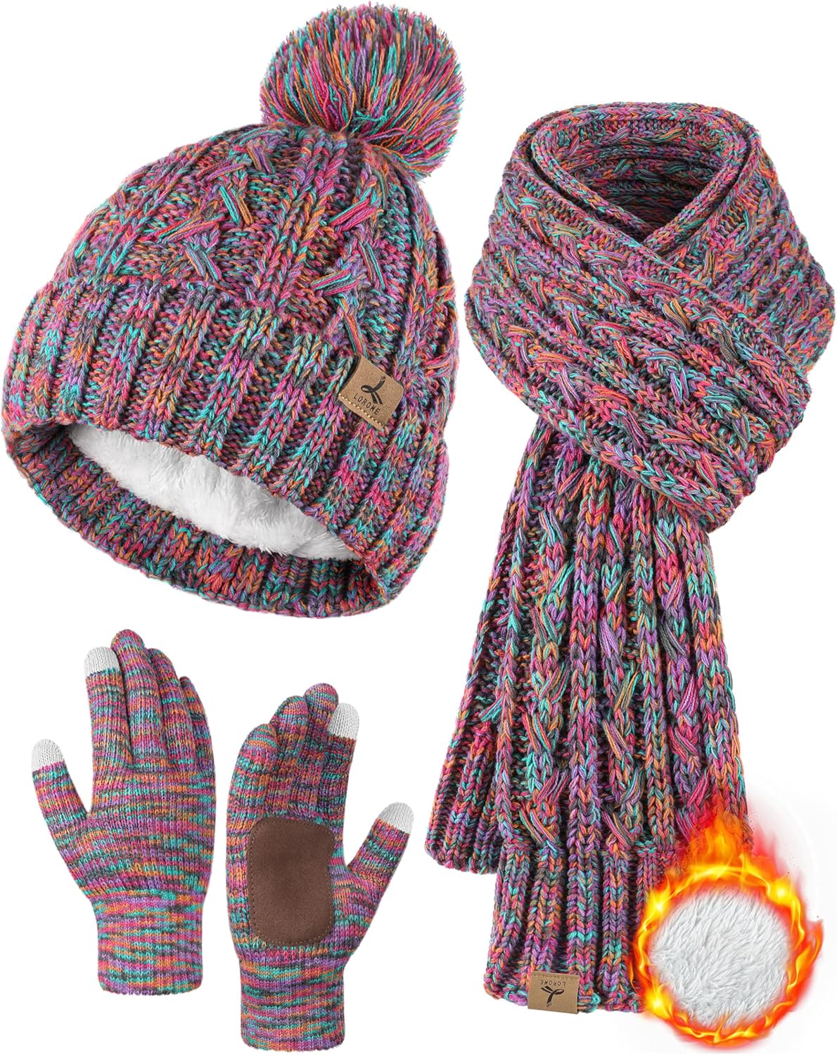 Winter Hat Scarf Gloves Set,Fleece Lined Pom Pom Beanie Hat Warm Knit Long Scarf Touchscreen Gloves Winter Gifts for Women
