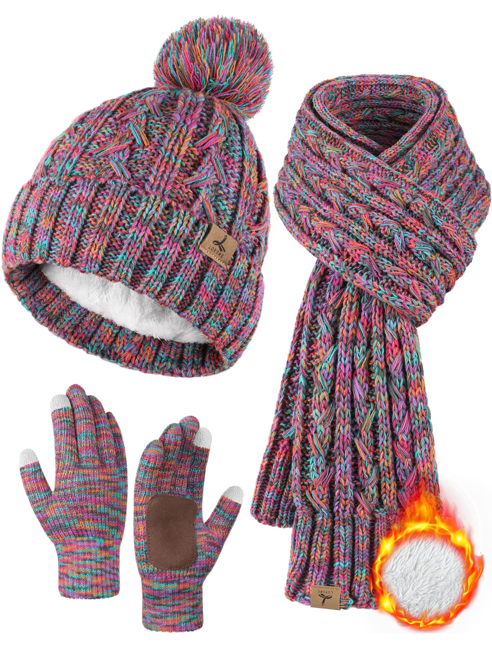 Winter Hat Scarf Gloves Set,Fleece Lined Pom Pom Beanie Hat Warm Knit Long Scarf Touchscreen Gloves Winter Gifts for Women-image-45