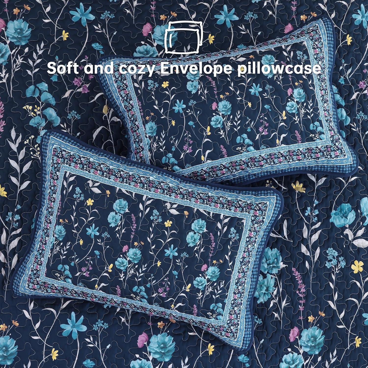 WONGS BEDDING Floral Quilt Set Queen Size,Navy Blue Bedspread Set with 2 Pillowcases,Microfiber Lightweight Flowers Botanical Coverlet Sets Farmhouse Bed Cover Bedding Sets for All Seasons (96"x90")