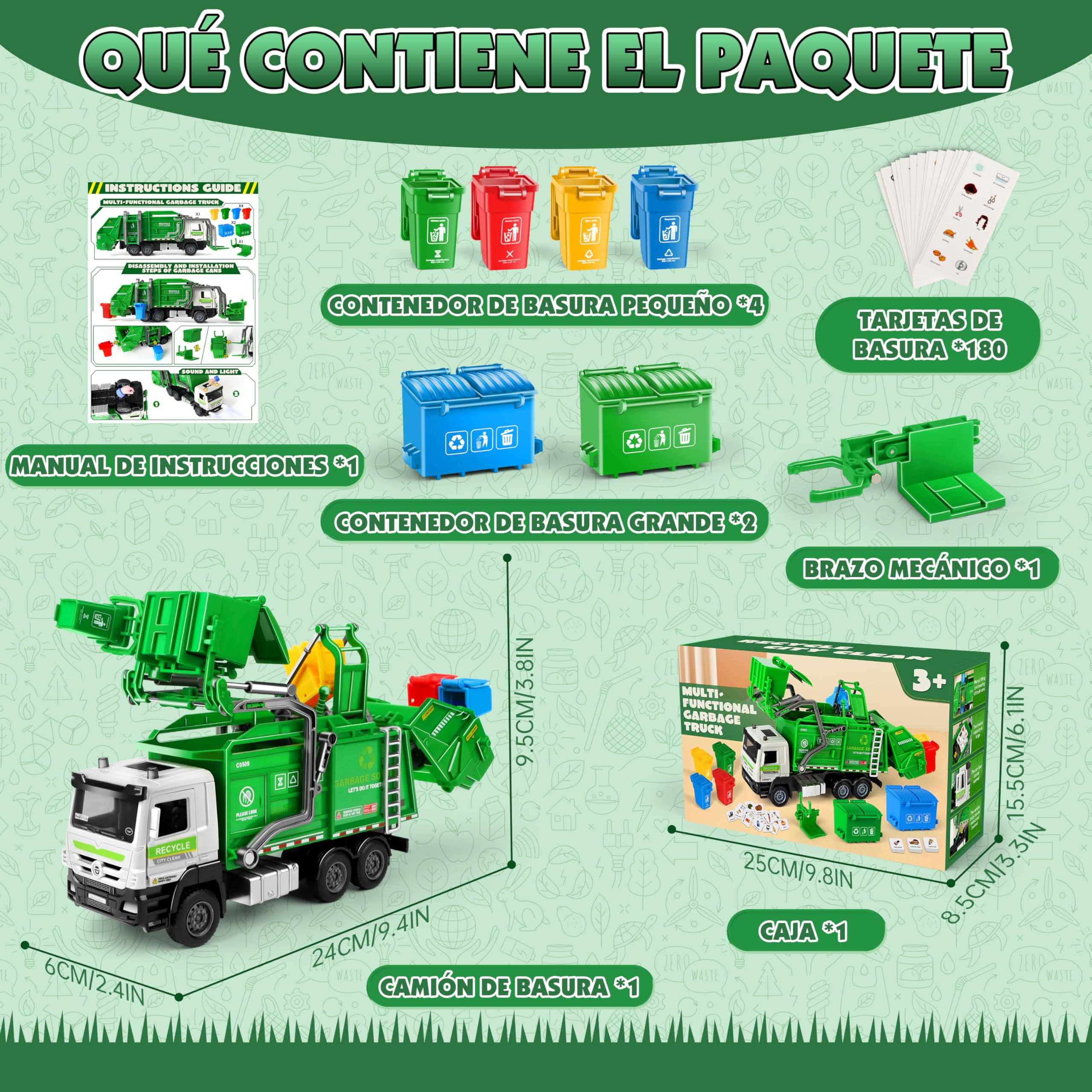 Charmofun Camión de Basura Juguete, Camión Basura con 6 Botes de Basura, 180 Tarjetas, Luces y Sonidos, Camiones de Basura de Fricción Regalo para 3+ Años Niño Niña