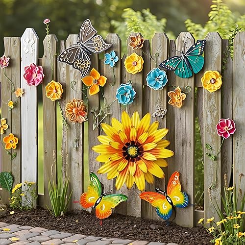 Miniatura 4 de Meduofon Decoración de pared de flores de metal y arte de pared de mariposa, 3 piezas de metal para decoración de pared al aire libre, esculturas de