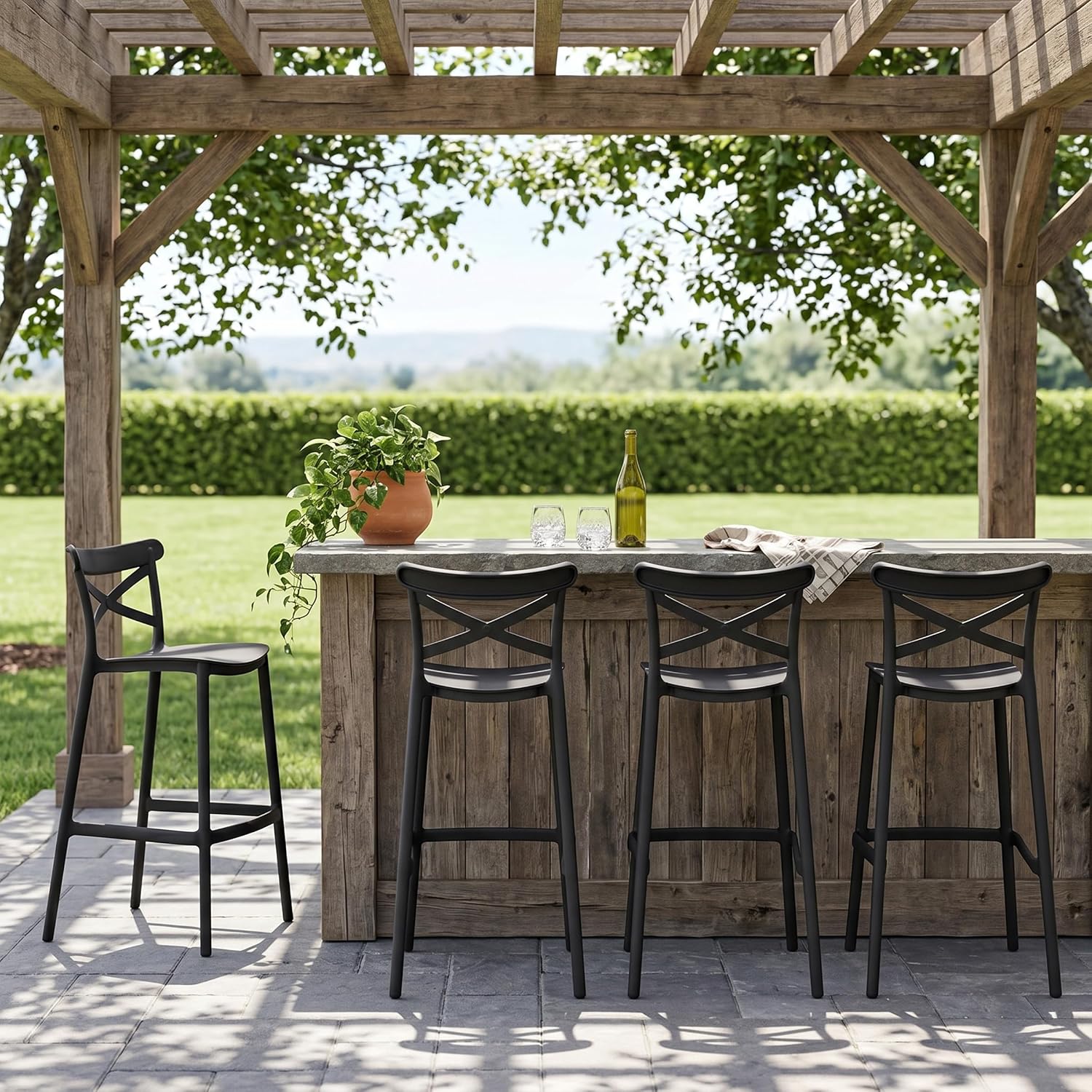 30 Inch Outdoor Bar Stools Set of 4 with Backs, Weather Resistant Plastic Patio Bar Chair, No Assembly Stackable and Durable PP Counter Height Barstool for Kitchen Island Outside Black