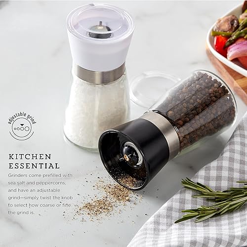 Miniatura 3 de Kamenstein Molinillos de especias de vidrio con mecanismo de cerámica ajustable, juego de 2 molinillos de sal y pimienta precargados para uso en