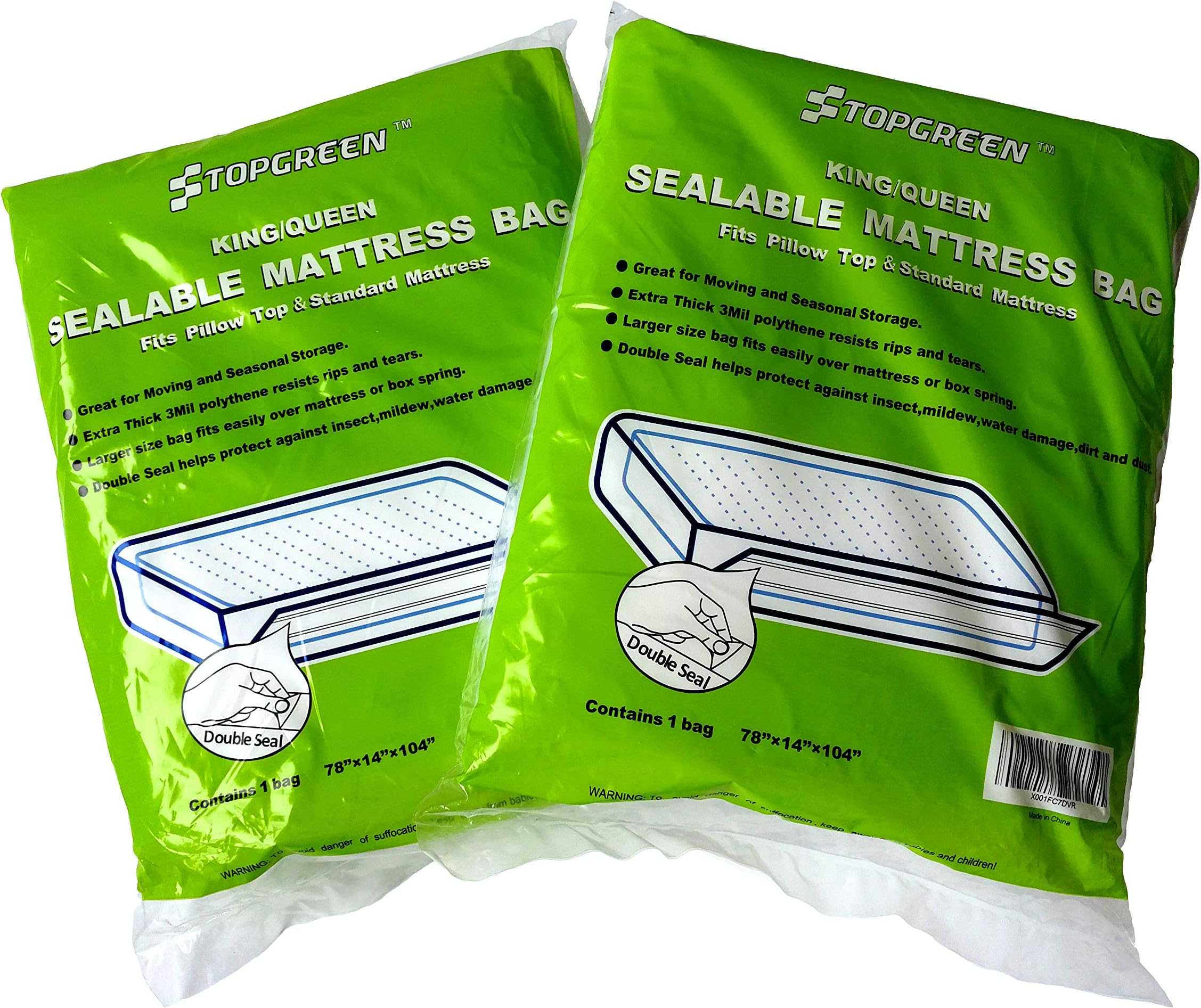 2-Pack Mattress Bag for Moving and Long-term Storage Sealable with Adhesive Strips Mattress Disposal Bag 3 Mil Heavy Duty King/Queen Size
