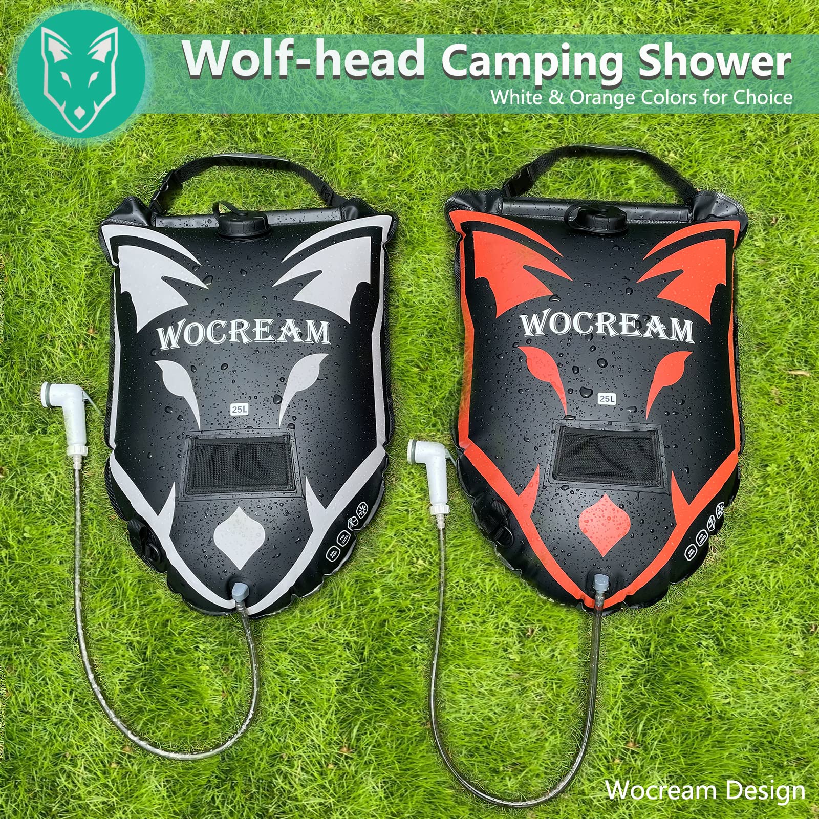 CyConncet Wolf-Head Campeggio Doccia Esterna, 6,6 Gallon/25L Borsa Doccia da Campeggio, Grande Flusso D'Acqua, Doccetta Solare Doccia in PVC Borsa Doccia Portatile per Campeggio Spiaggia Zaino Viaggio