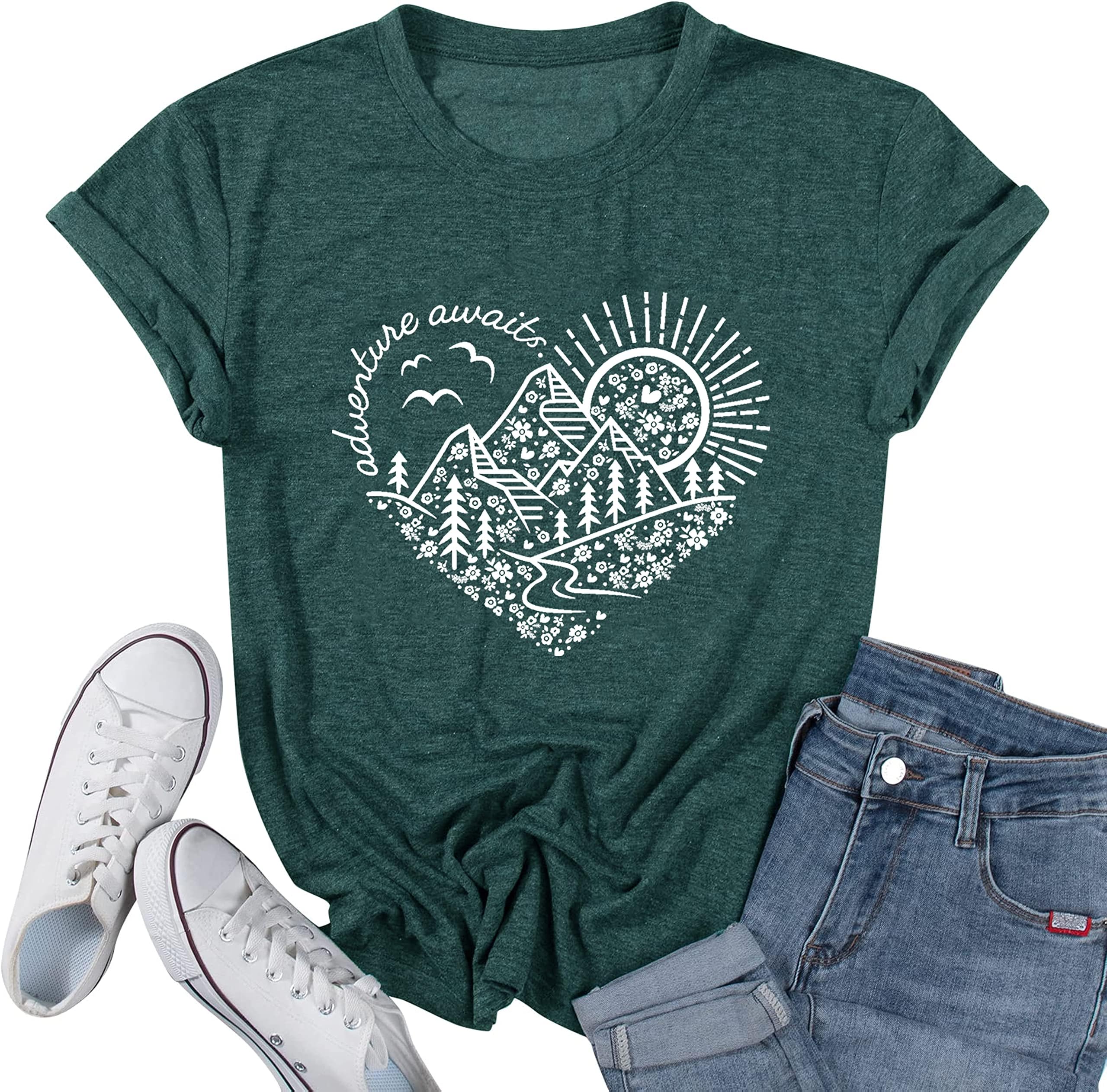 JorlyenWomen Adventure Awaits Outdoor Graphic Tee Shirt Kindness Heart Printed Hike Mountain Nature Travel Shirt Workout Tops