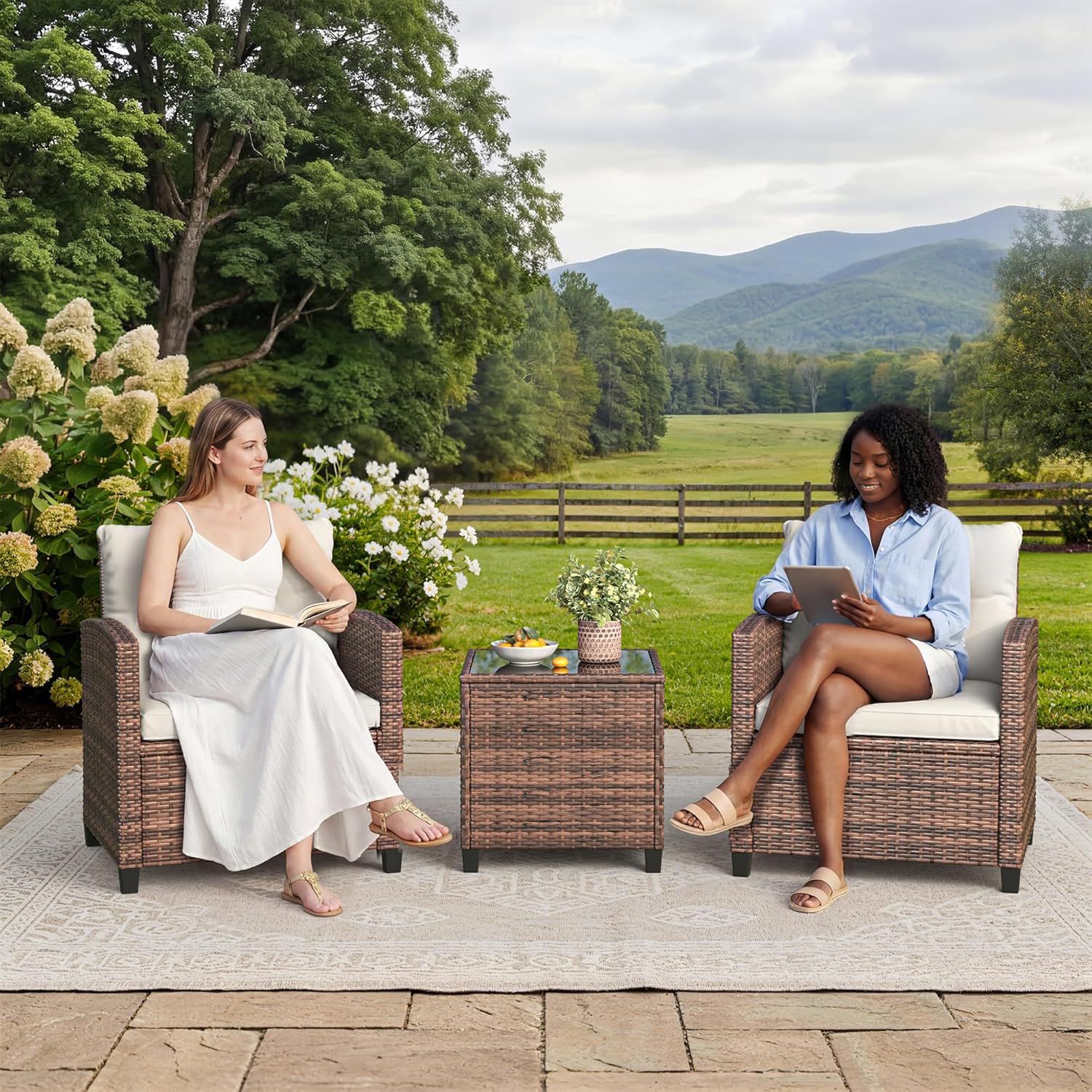 GarveeLife 3 Pieces Patio Furniture Set, PE Rattan Patio Conversation Set with Tempered Glass Tabletop, Outdoor Wicker Chairs and Table Set for Patio Balcony Garden, Brown & Beige