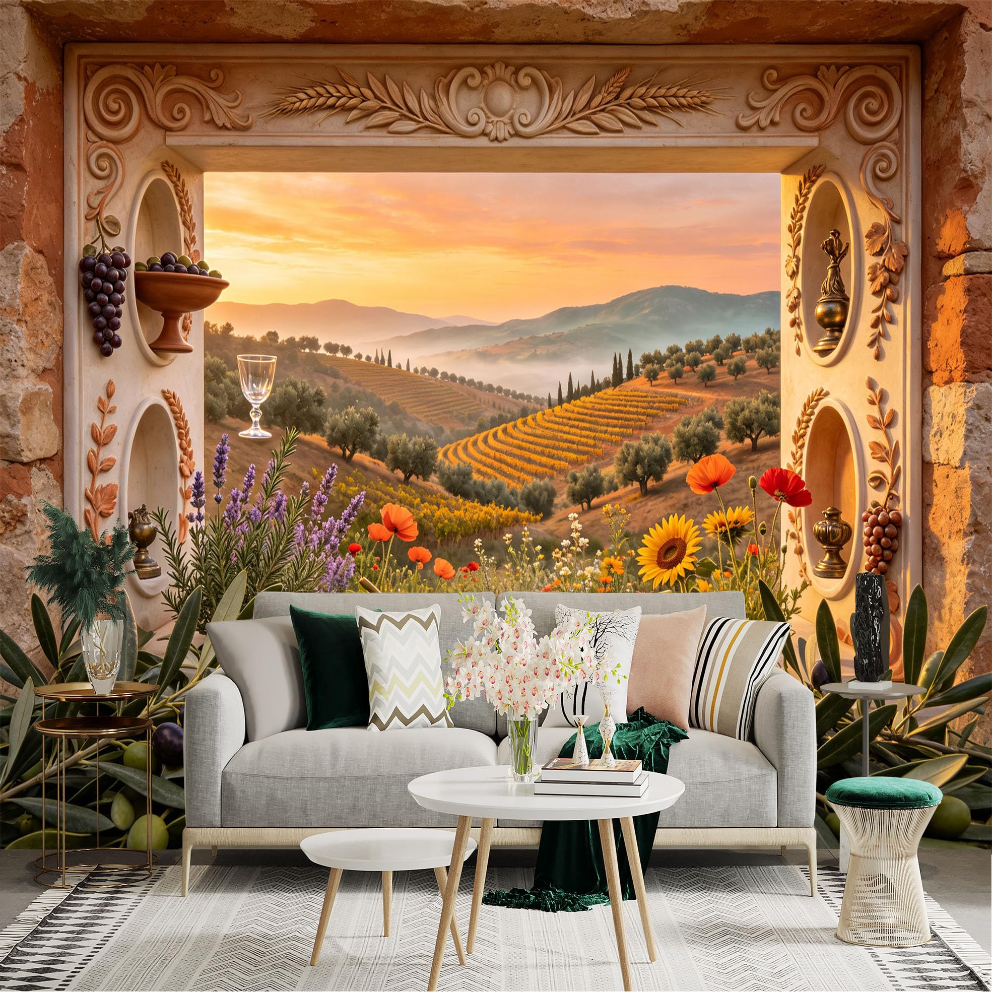 Lnzczhyre Bh260719331 Custom Size Wall Sticker Mural， Tuscany Vineyard Landscape， Sunset Over Rolling Hills， Rustic Window View With Grapes， For Wall Decoration， Peelandstick Wall Decals.