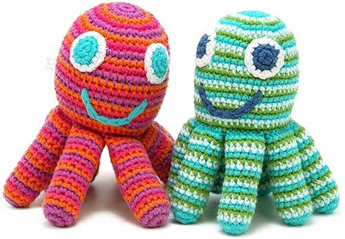 Miniatura 6 de Pebble Sonajero de bebé de pulpo hecho a mano, rosa brillante, océano, playa, costero, juguete de ganchillo para bebé, comercio justo, lavable a