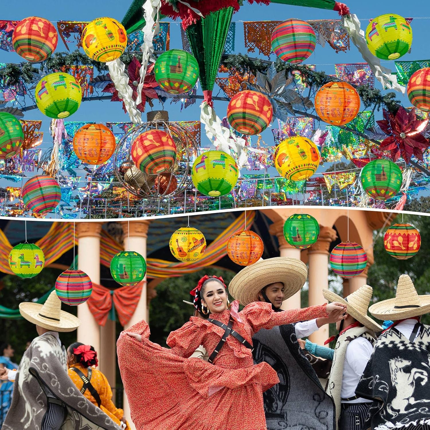Panelee 12 Pcs Mexican Paper Lanterns Cinco De Mayo Party Decorations 8 Inch Fiesta Round Hanging Lanterns for Office Classroom Party Decorations Supplies Indoor Outdoor