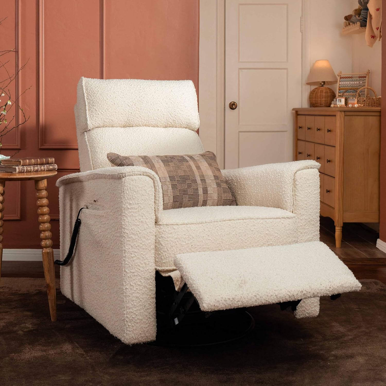 Namesake Willa Plus Power Glider Recliner w/Power Headrest in Tan Gingham, Greenguard Gold Certified