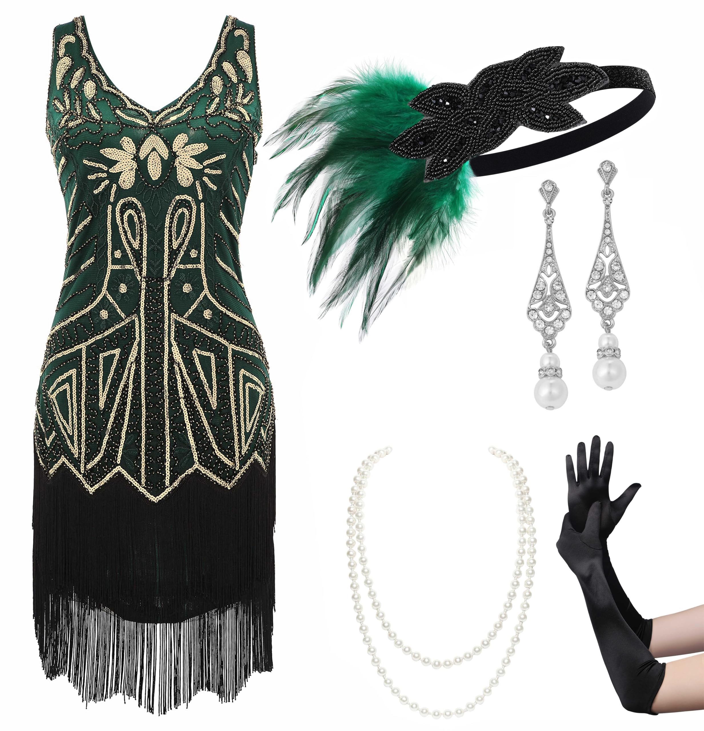 BABEYOND Women’s Flapper Dresses Set 1920s V Neck Beaded Fringed Great Gatsby Dress with Accessories Set, Set2 - Gold DarkGreen, XX-Large