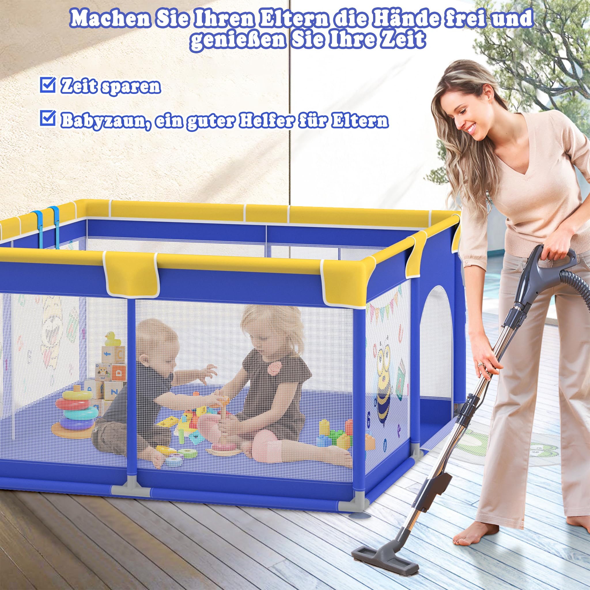 UISEBRT Parc pour bébé 180x200cm avec 50 balles océaniques & 4 anneaux de traction & sac de transport, parc pliable avec filet respirant pour enfants, bleu avec motifs animaux