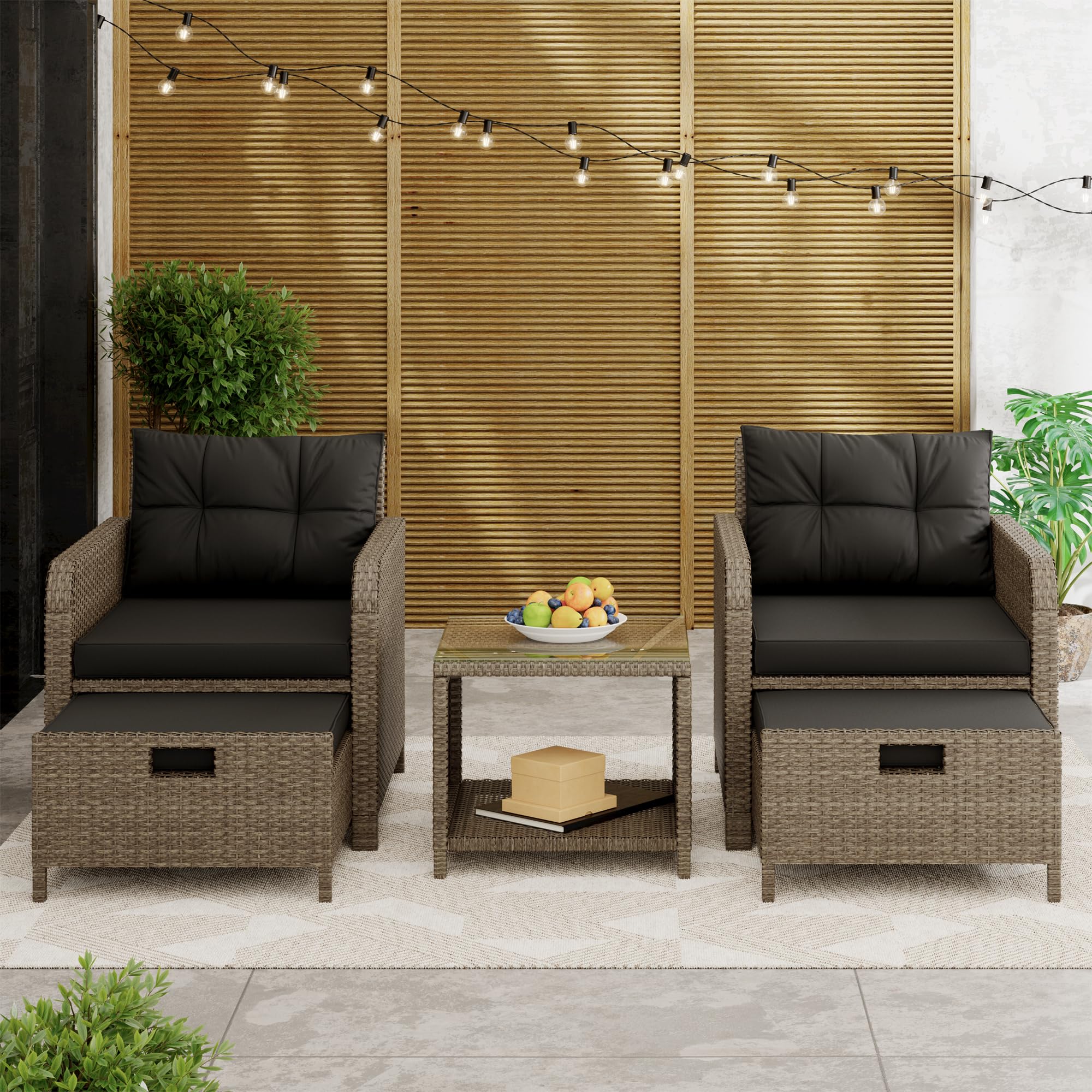 5 Pieces Patio Set, PE Rattan Patio Conversation Set with Soft Cushions & Coffee Table, Outdoor Chairs with Hidden Ottoman for Porch, Lawn, Garden, Balcony, Black