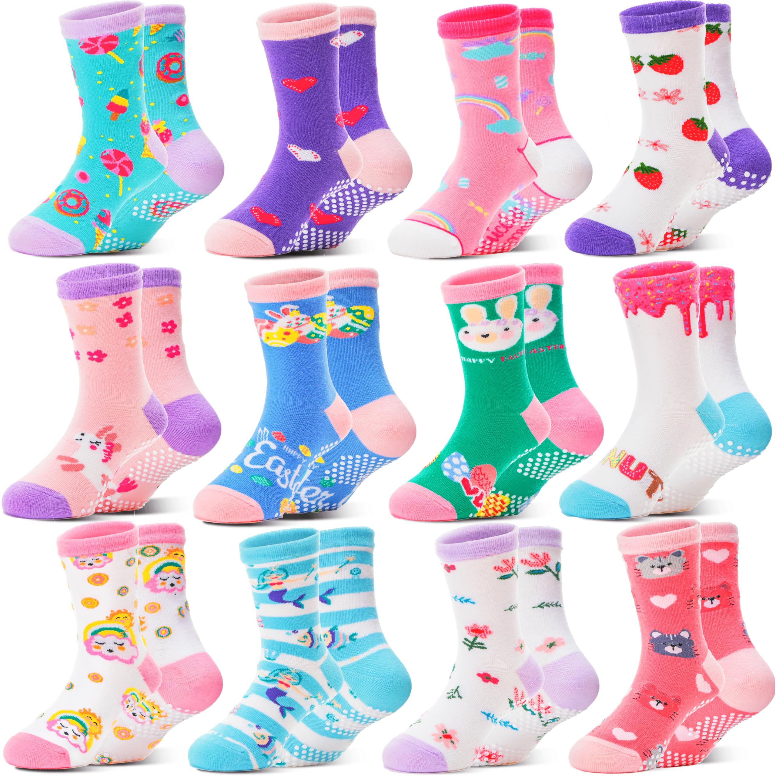 12 Pairs Baby Girls Toddlers Grips Socks Kids Anti Slip/Non Skid Funny Animal Cartoon Crew Cotton Breathable Socks