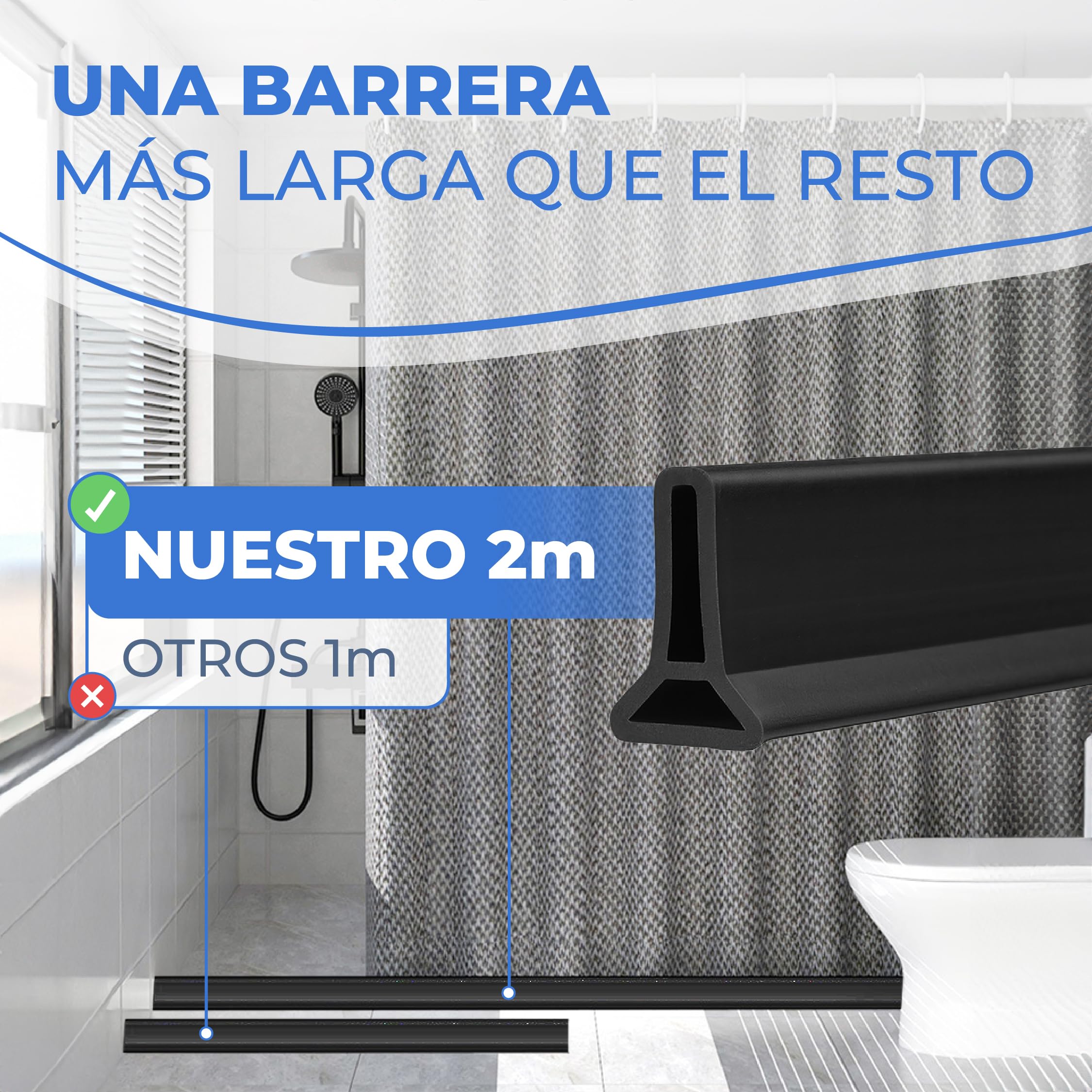 Perfil Silicona Ducha 2 METROS, Copete Encimera Cocina, Borde Plato Ducha, Barrera de Agua, Barrera De Ducha, Barrera Agua baño, Goma Mampara (50X30mm Negro)