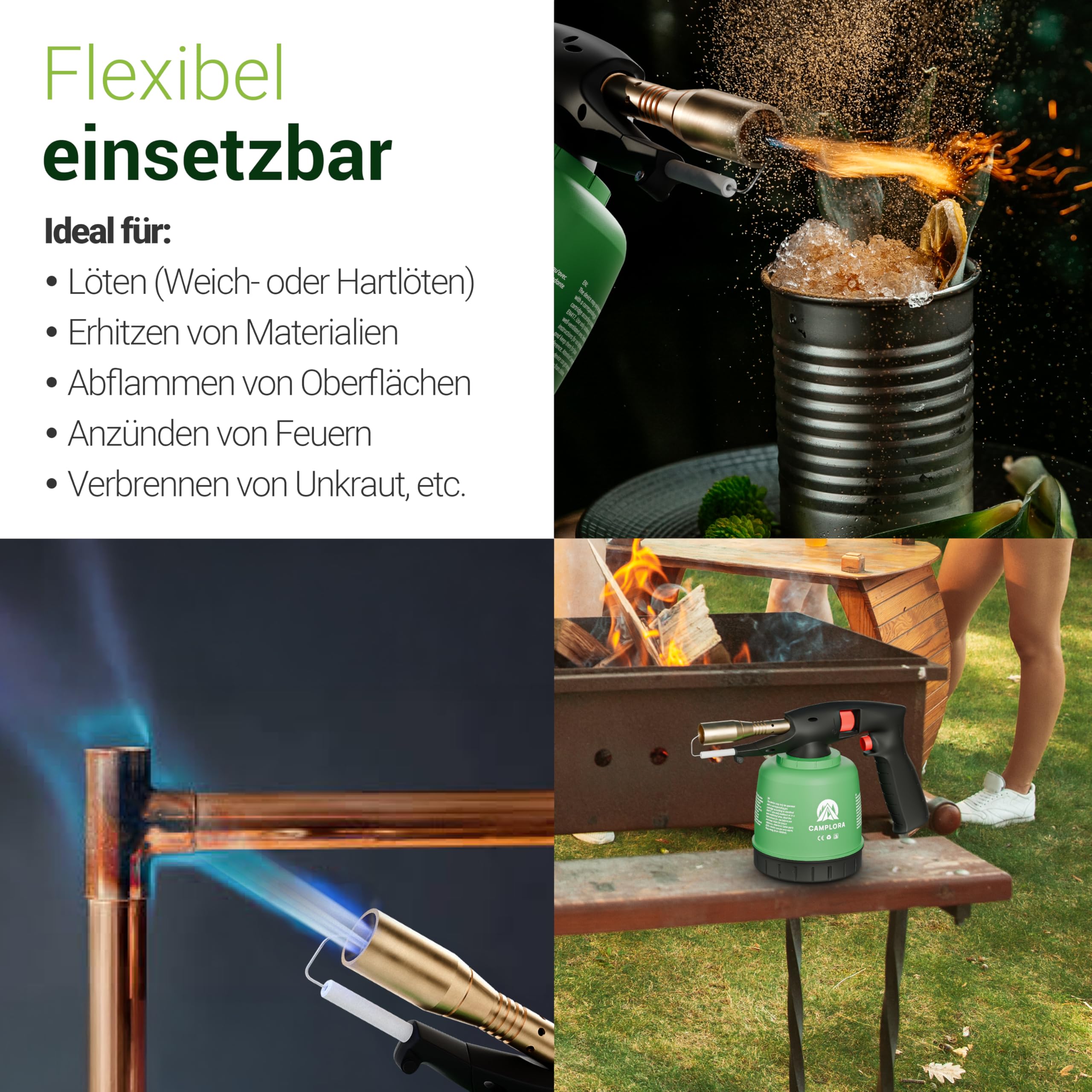 CAMPLORA Chalumeau avec allumage piézoélectrique et 10 cartouches de 190 g, brûleur à gaz pour atelier, fer à souder Bunsenbrenner