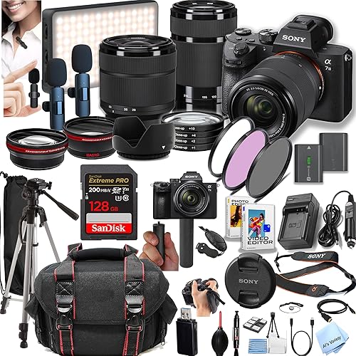 Sony A7 III Mirrorless Camera with 28-70mm + 55-210mm Lenses + 128GB Extreme Memory, Wireless Lavalier Microphones, LED Light, AUX Lenses, Filters, Case, Tripod, and More (42pc Bundle) (Renewed)